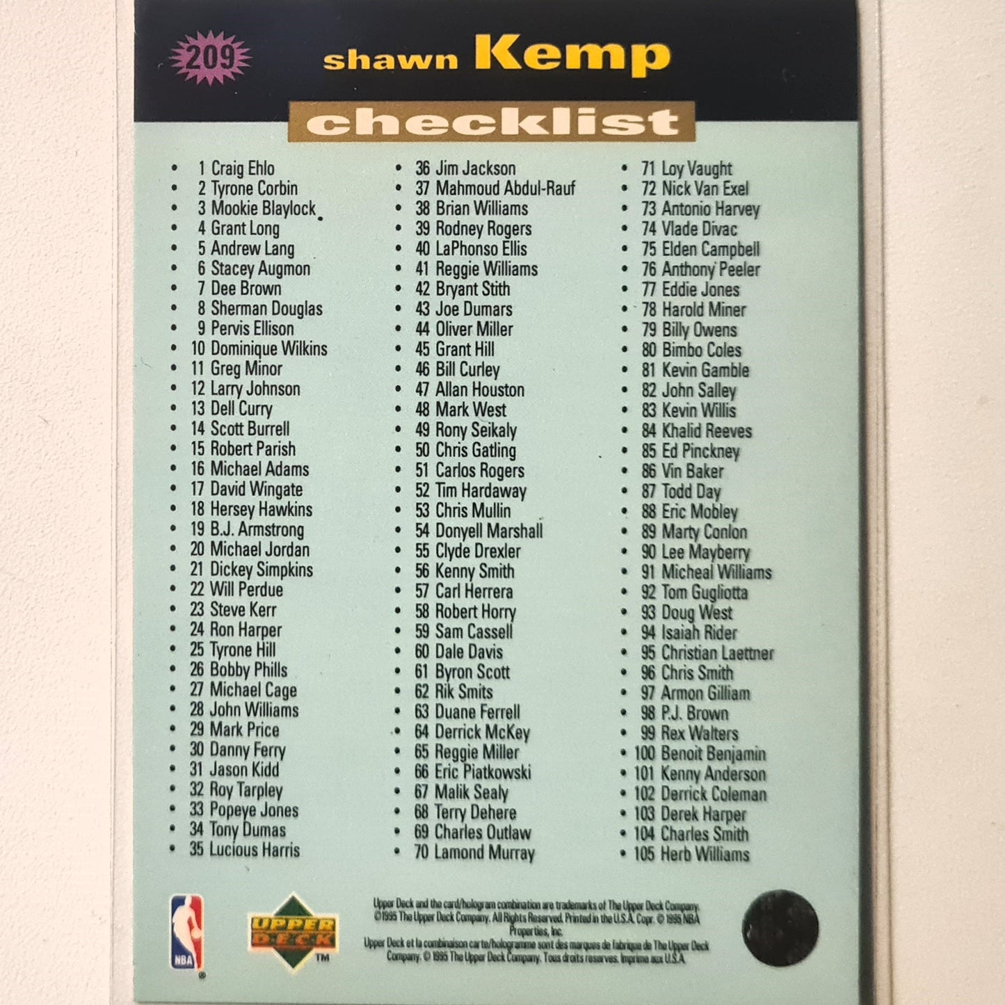 Shawn Kemp 1995 Upper-Deck checklist #209 NBA Basketball Seattle Super Sonics Excellent Sleeved
