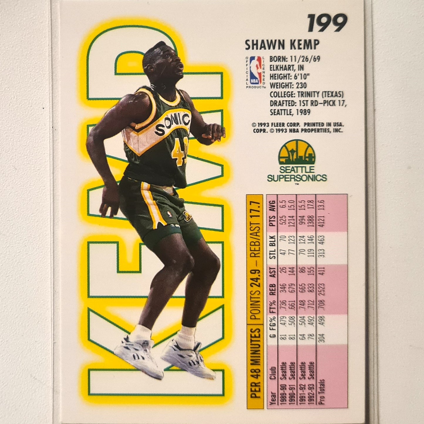 Shawn Kemp 1993 Fleer 93-94 #199 NBA Basketball Seattle Super Sonics excellent Sleeved
