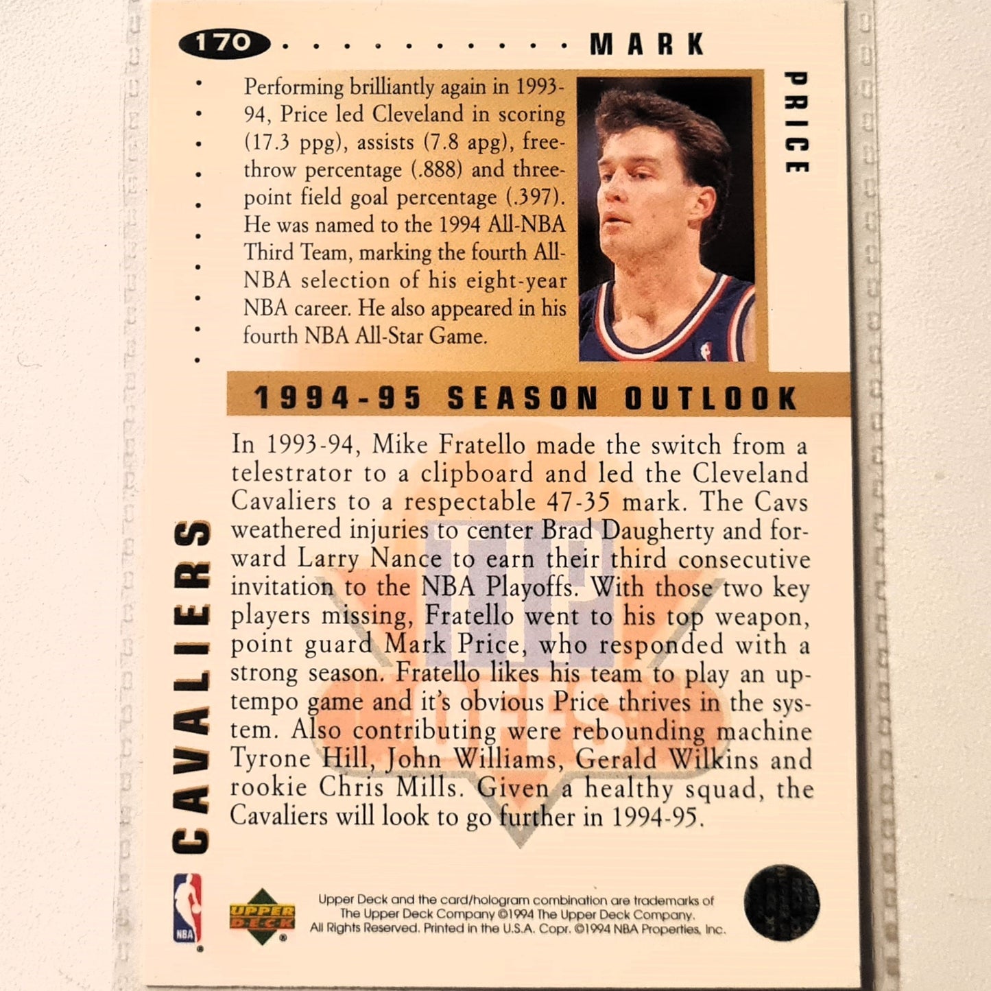 Mark Price 1994 Upper-Deck Tip offs #170 NBA Basketball Cleveland Cavaliers Excellent Sleeved