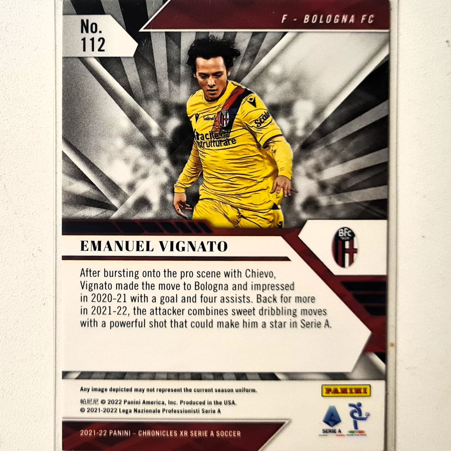 Emanuel Vignato 2021-22 Panini Chronicles XR Serie A #112 soccer football Bologna FC Very good Sleeved