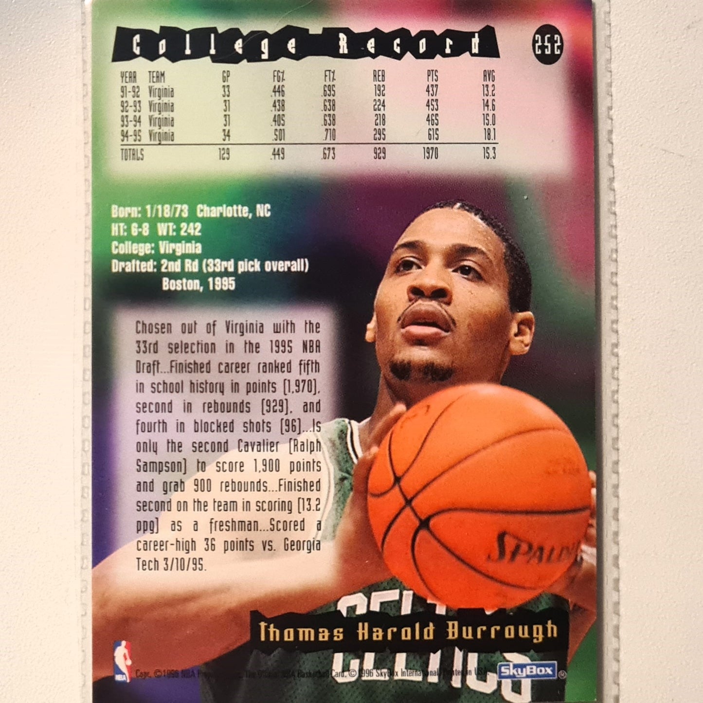 Junior Burrough 1996 Skybox NBA Hoops Rookie RC #252 NBA Basketball Boston Celtics Very good Sleeved