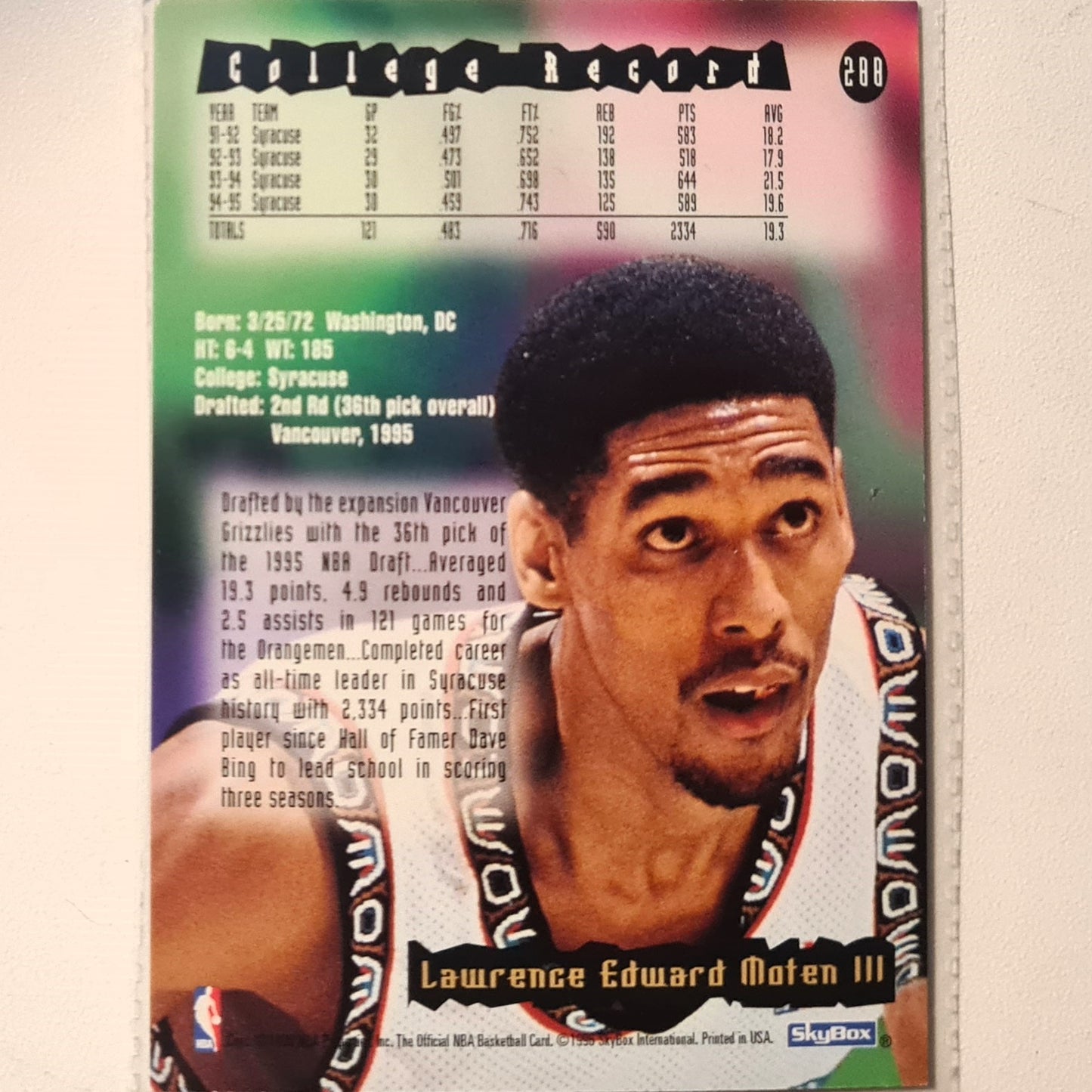 Lawrence Moten 1996 Skybox NBA Hoops Rookie RC #288 NBA Basketball Vancouver Grizzlies Very good Sleeved