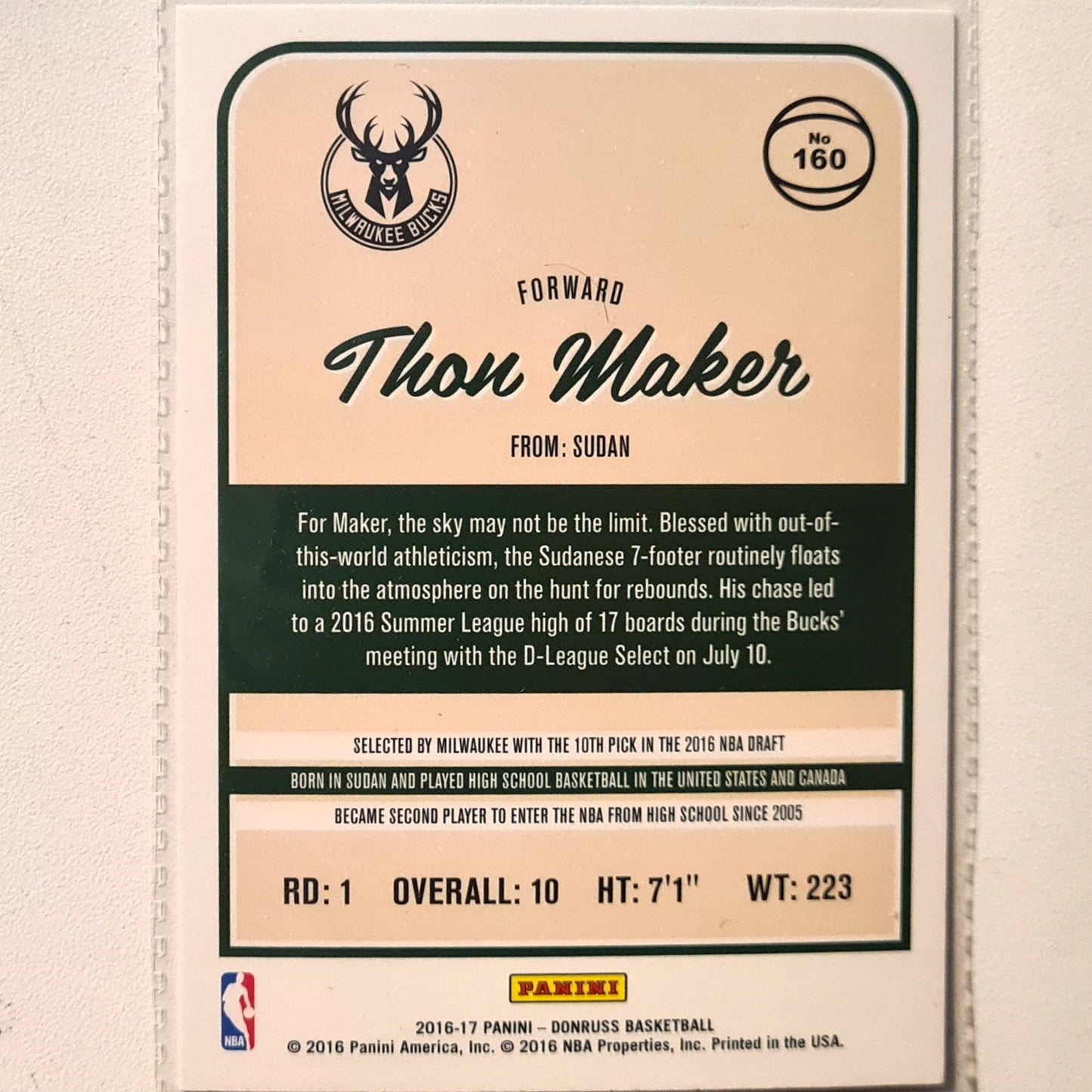 Thon Maker 2016-17 Panini Donruss winter rookie RC #160 NBA Basketball Milwaukee Bucks excellent Sleeved