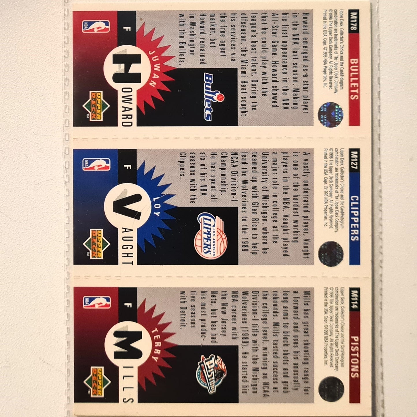 Terry Mills Loy Vaught Juwan Howard 1996 Upper-Deck mini's M178 M127 M114 NBA Basketball Bullets Clippers Pistons excellent/mint Sleeved