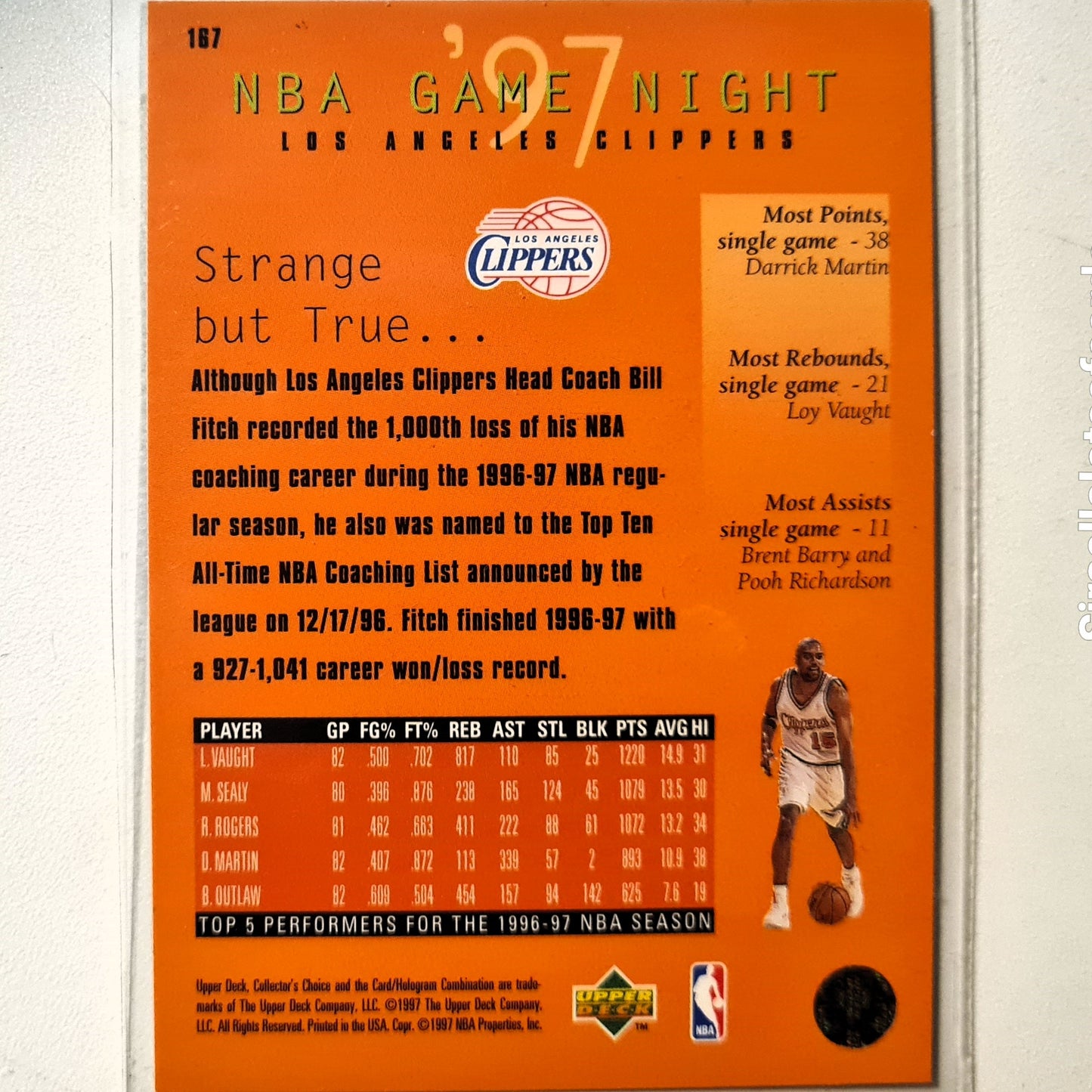 Loy Vaught 1997 Upper-Deck Game Night #167 NBA Basketball Los Angeles Clippers excellent Sleeved