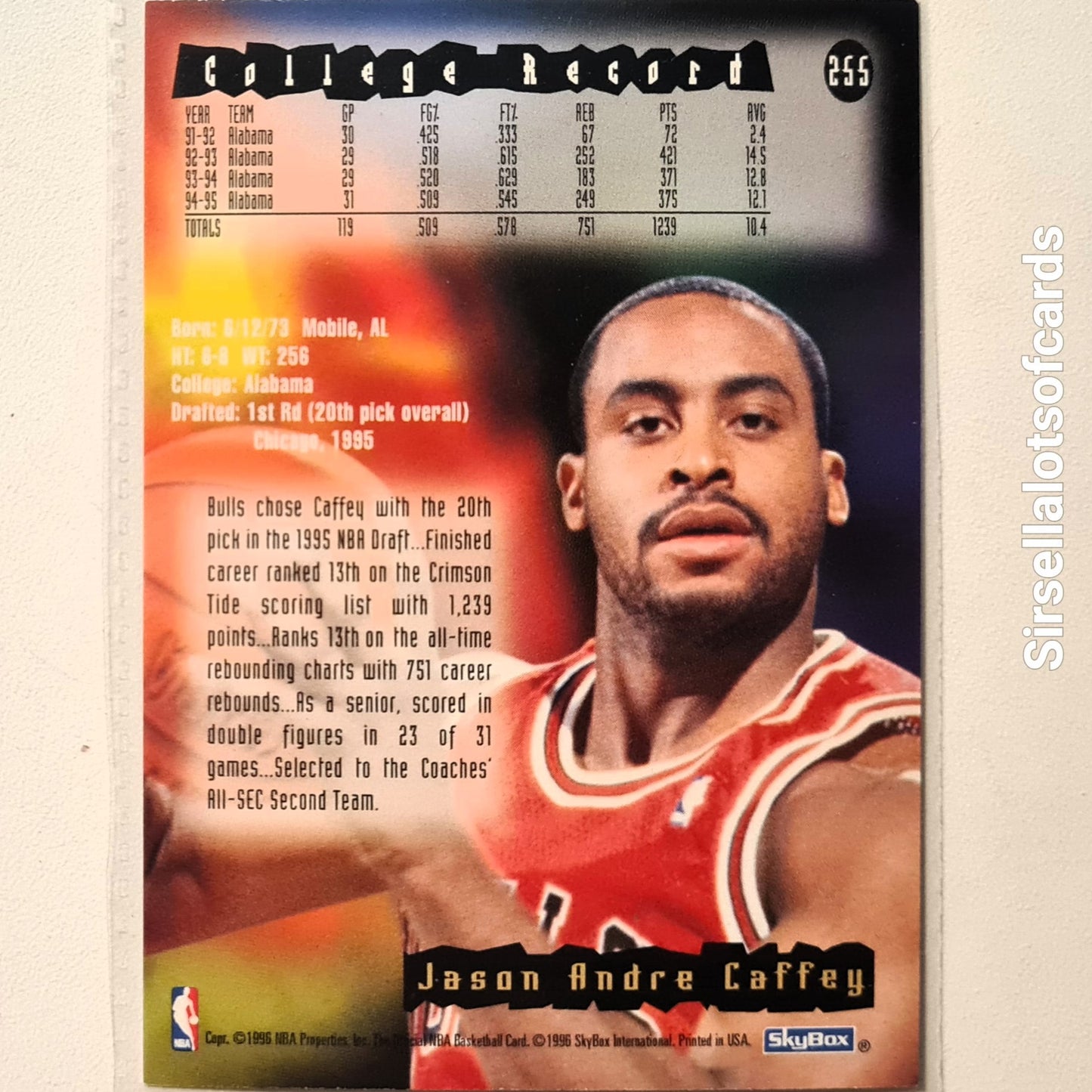 Jason Caffey 1996 Skybox NBA Hoops Rookie RC #255 NBA Basketball Chicago Bulls Very good Sleeved