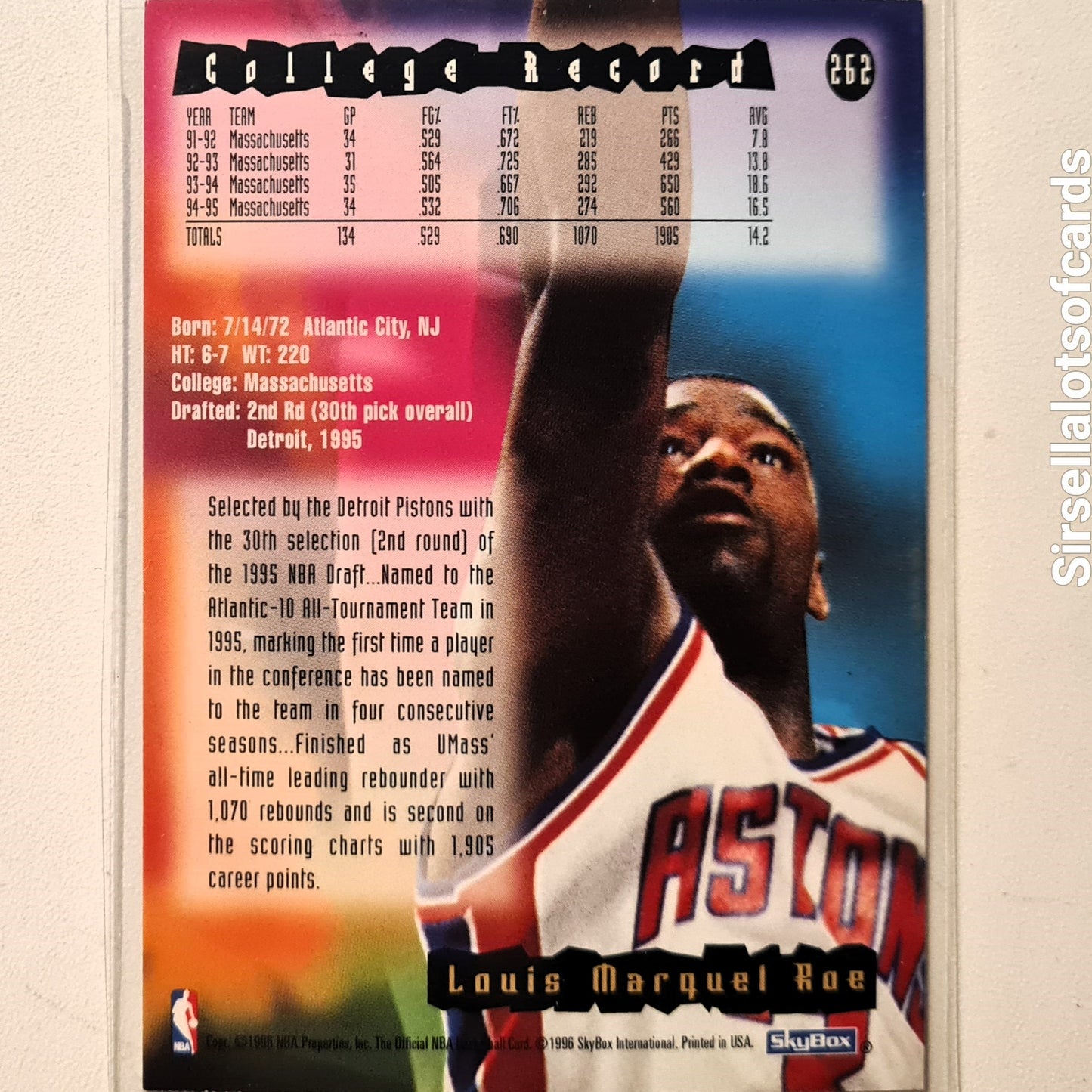 Lou Roe 1996 Skybox NBA Hoops Rookie RC #262 NBA Basketball Detroit Pistons Very good Sleeved
