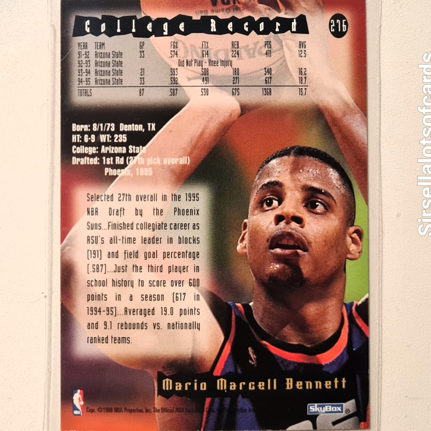 Mario Bennettt 1996 Skybox NBA Hoops Rookie RC #276 NBA Basketball Phoenix Suns Very good Sleeved