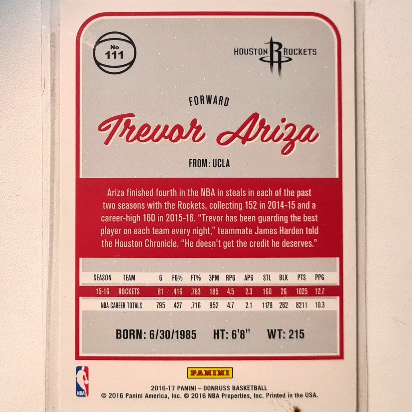 Trevor Ariza 2016-17 Panini Donruss winter edition #111 NBA Basketball Houston Rockets very good Sleeved