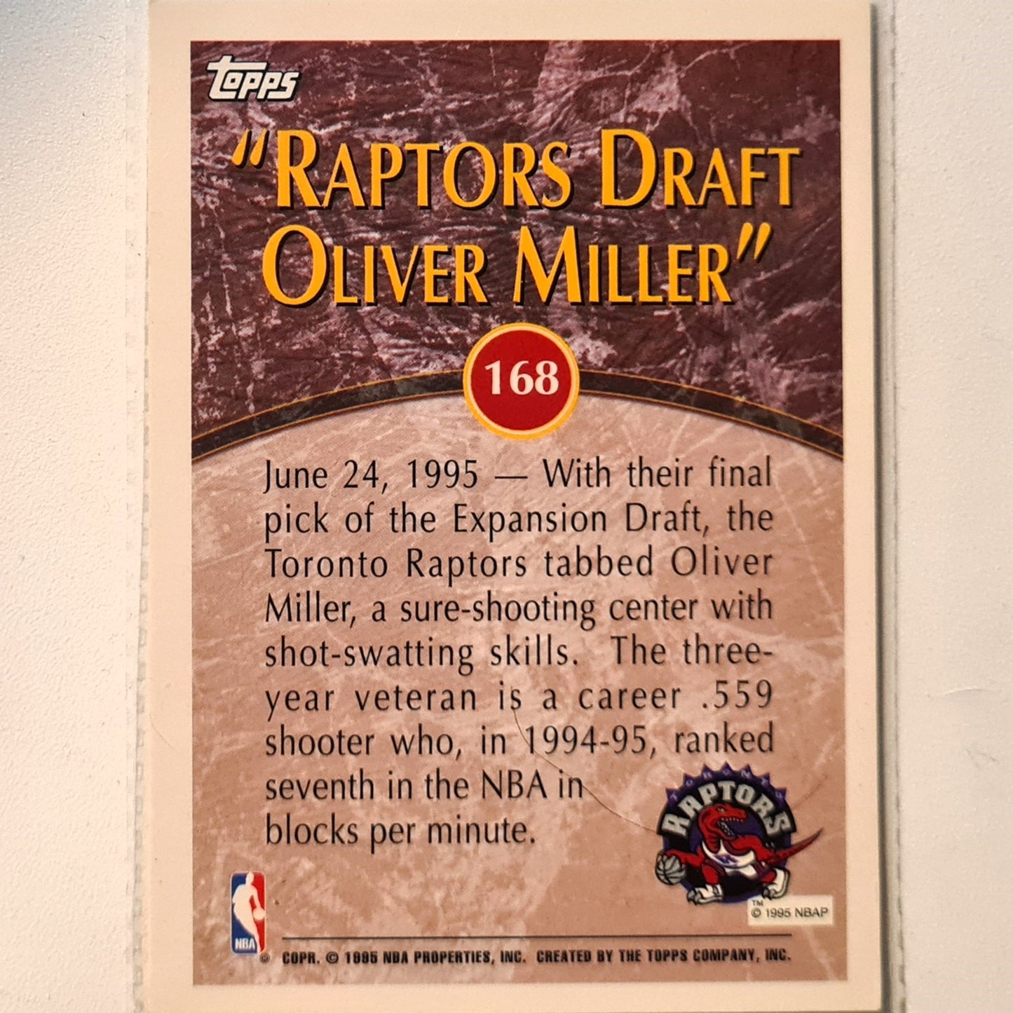 Oliver Miller 1995 Topps Raptors Draft NBA Basketball Toronto Raptors Excellent Sleeved