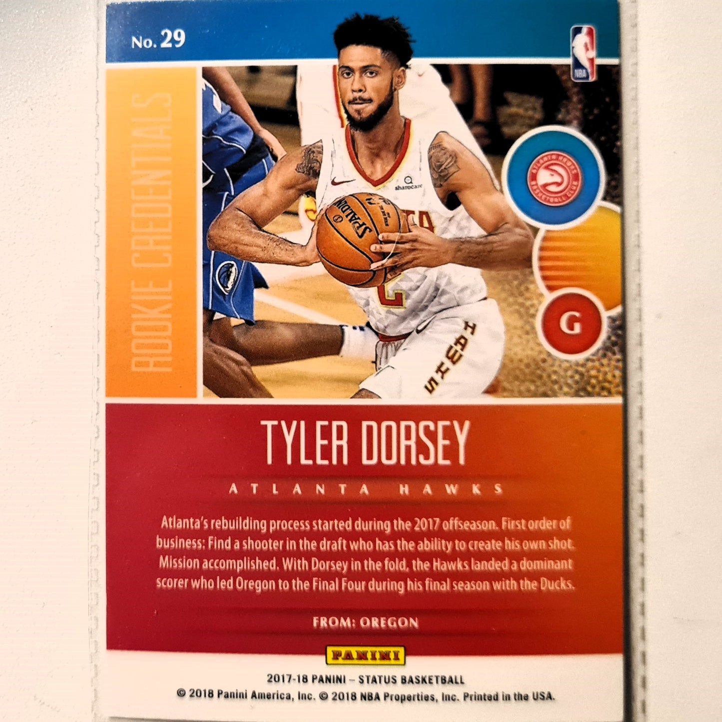 Tyler Dorsey 2017-18 Panini Status Rookie RC #29 NBA Basketball Atlanta Hawks Excellent Sleeved