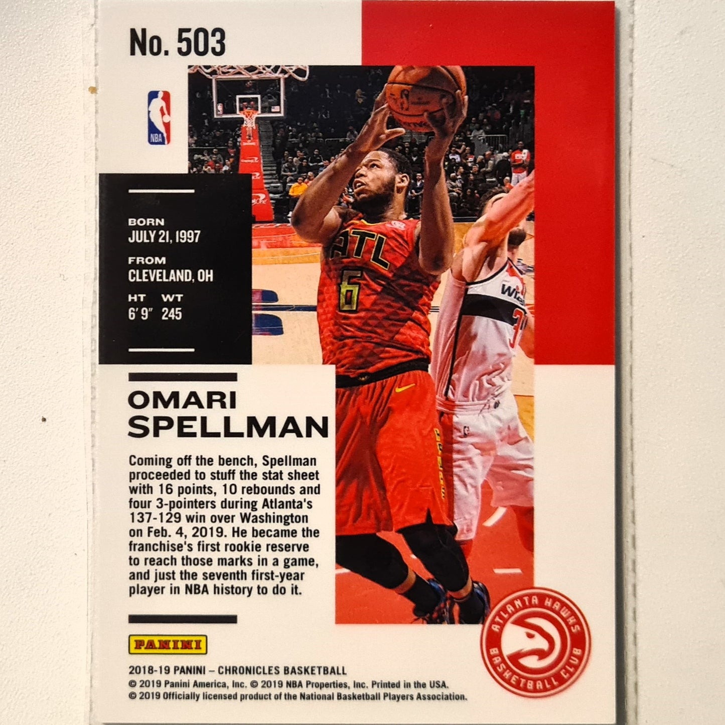 Omari Spellman 2018-19 Panini Status Rookie RC #503 NBA Basketball Atlanta Hawks Excellent/mint Sleeved