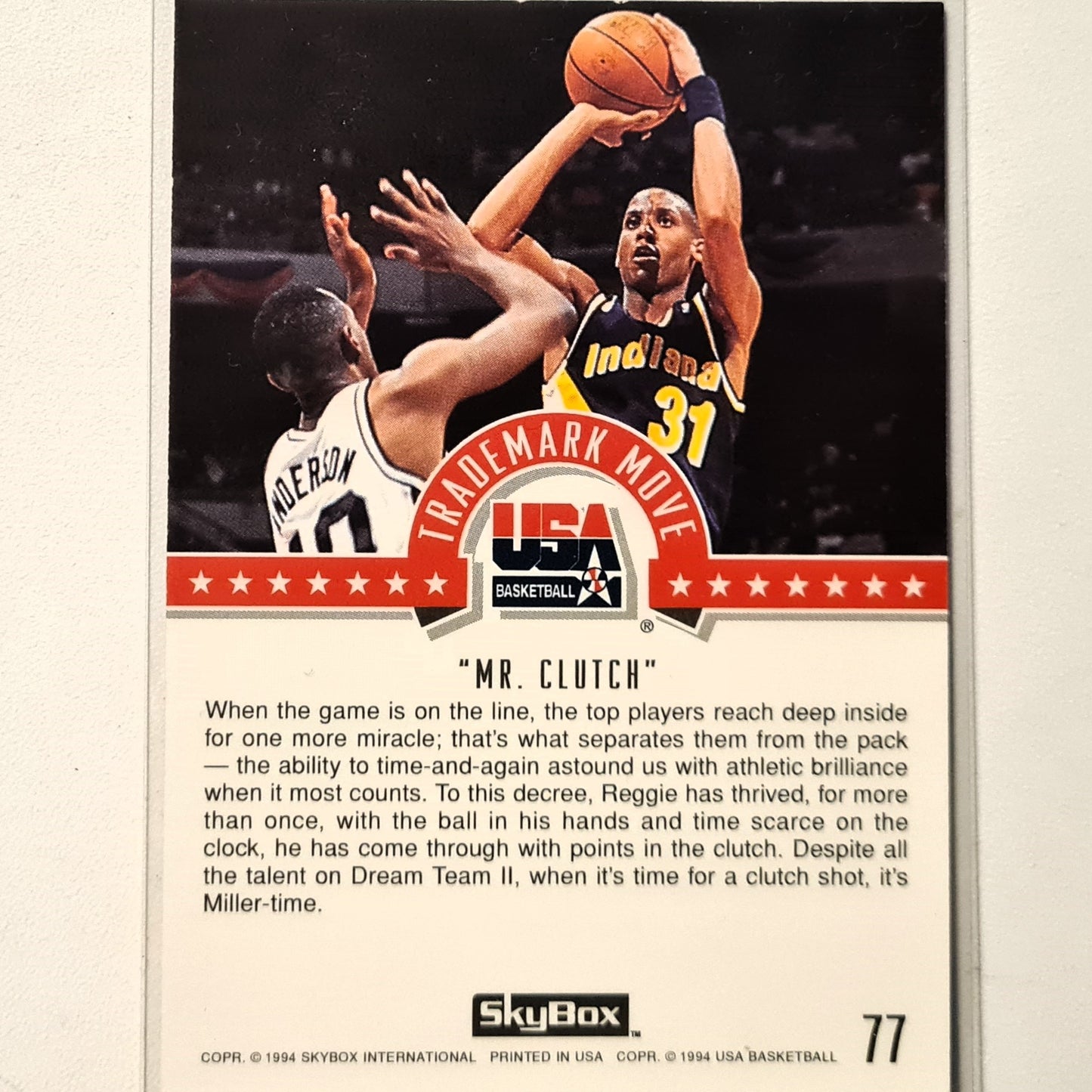 Reggie Miller 1994 Skybox USA Basketball trademark move #77 insert NBA Basketball Indiana Pacers very good Sleeved