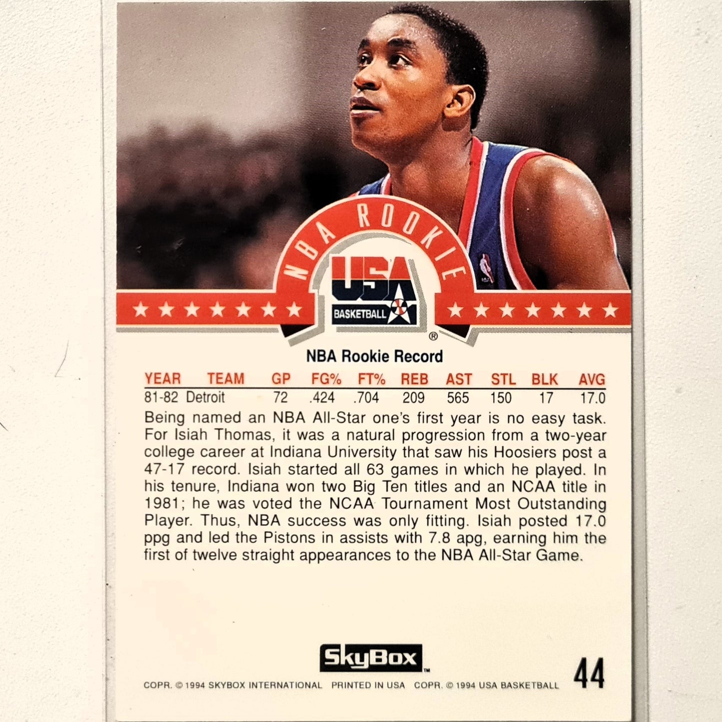 Isiah Thomas 1994 Skybox USA Basketball NBA Rookie #44 NBA Basketball Detroit Pistons very good Sleeved