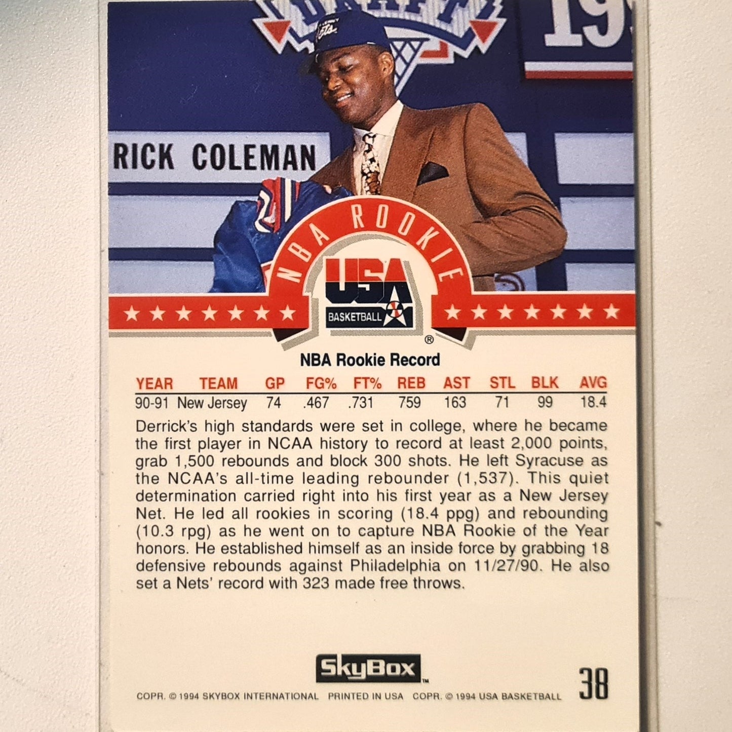 Derrick Coleman 1994 Skybox USA Basketball NBA Rookie #38 NBA Basketball New Jersey Nets very good Sleeved