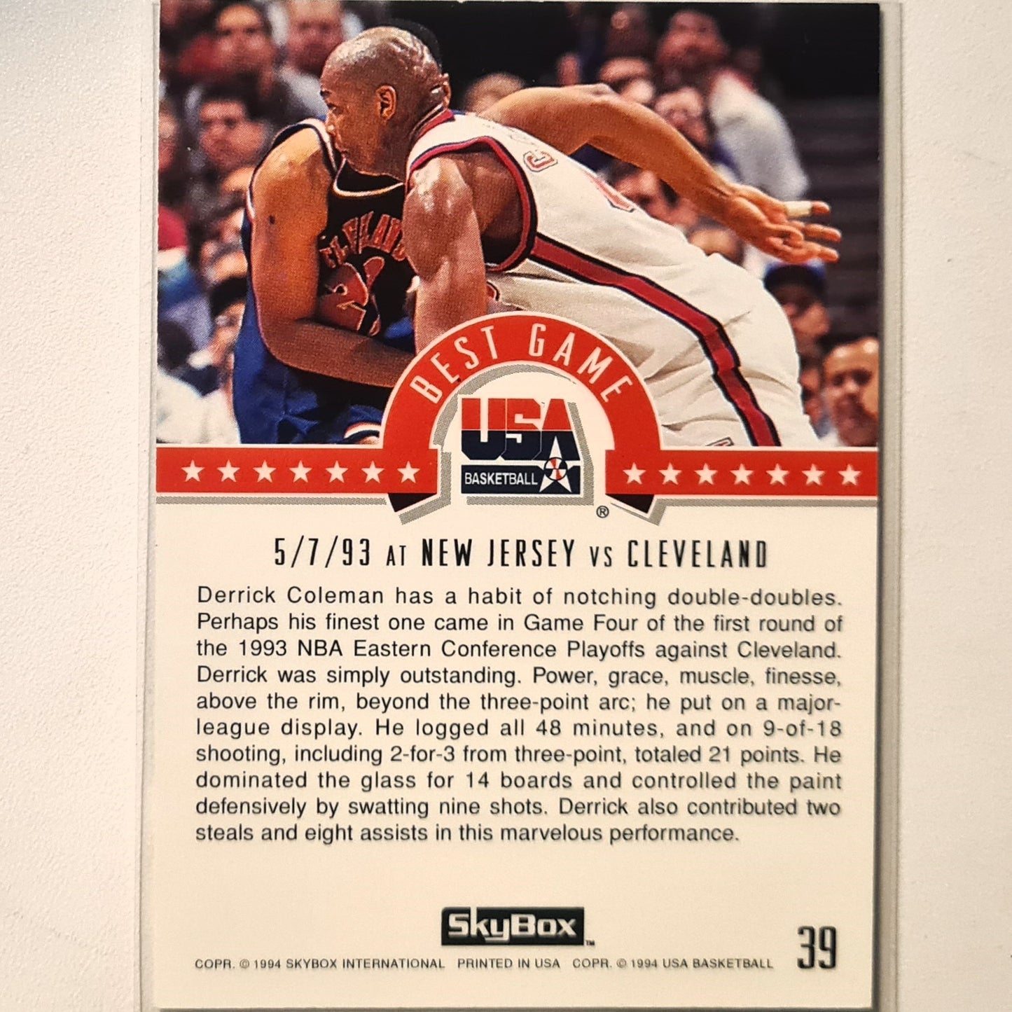 Derrick Coleman 1994 Skybox USA Basketball Best Game #39 NBA Basketball New Jersey Nets very good Sleeved
