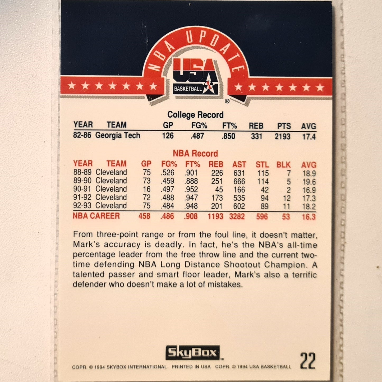 Mark Price 1994 Skybox USA Basketball NBA Update #22 NBA Basketball Cleveland Cavaliers very good