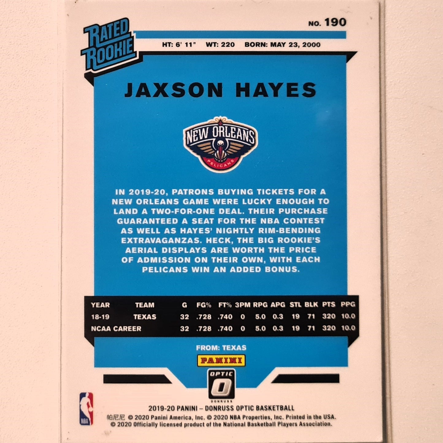 Jaxson Hayes 2019-20 Panini Donruss Optic Rated Rookie RC #190 NBA Basketball New Orleans Pelicans Excellent Sleeved