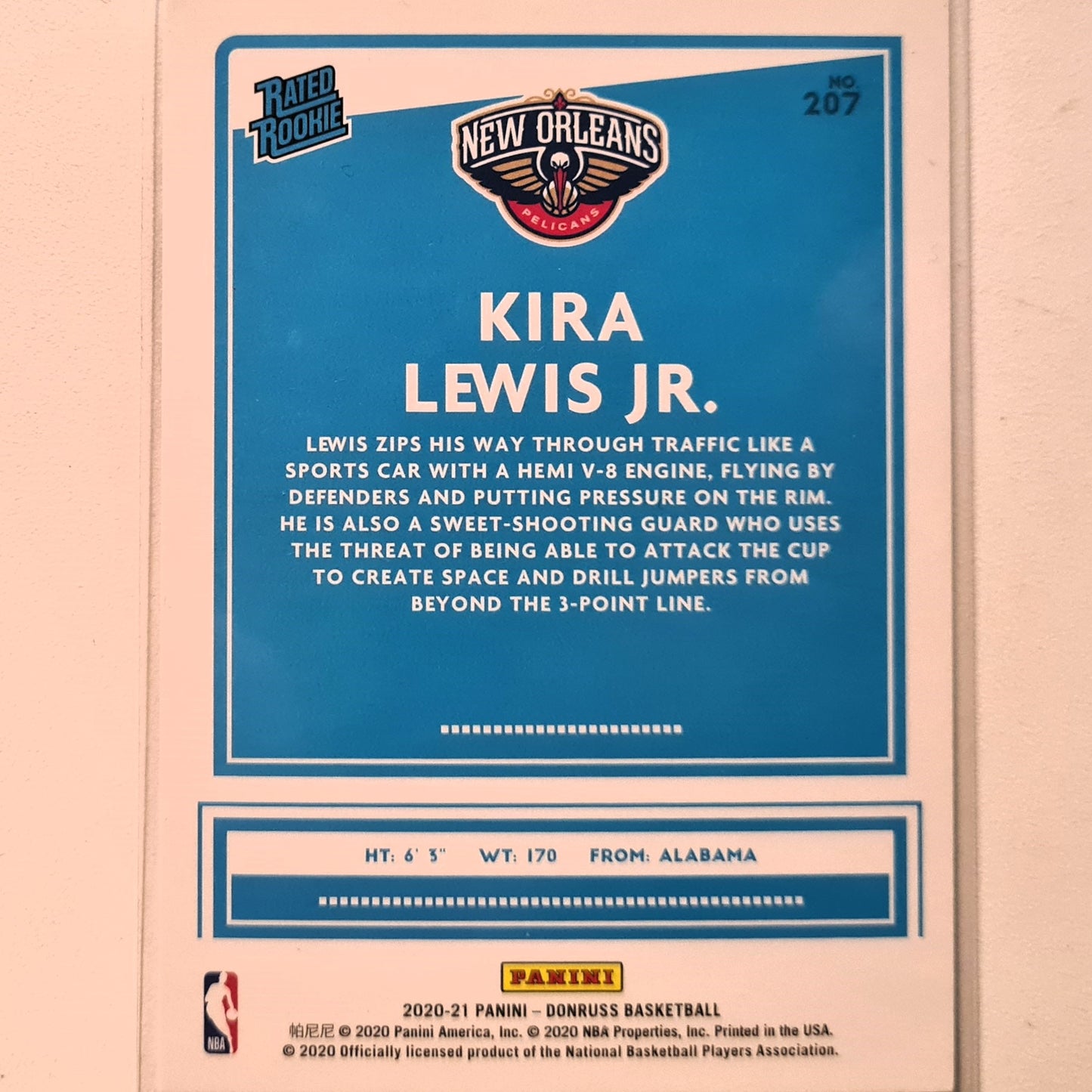 Kira Lewis Jr 2020-21 Panini Donruss Rated Rookie RC #207 NBA Basketball New Orleans Pelicans Excellent-Mint Sleeved