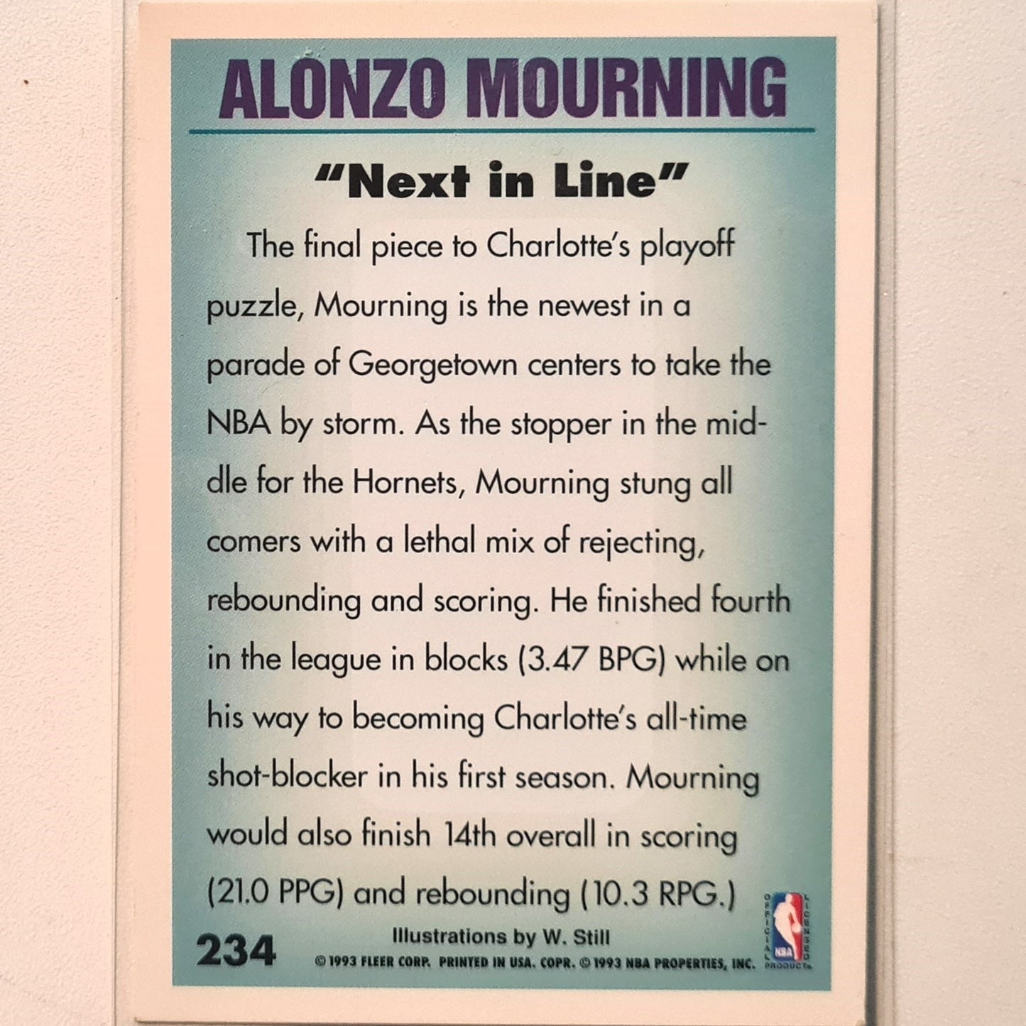 Alonzo Mourning 1993 Fleer 93-94 W.Still illustrated #234 NBA Basketball Charlotte Hornets Excellent Sleeved