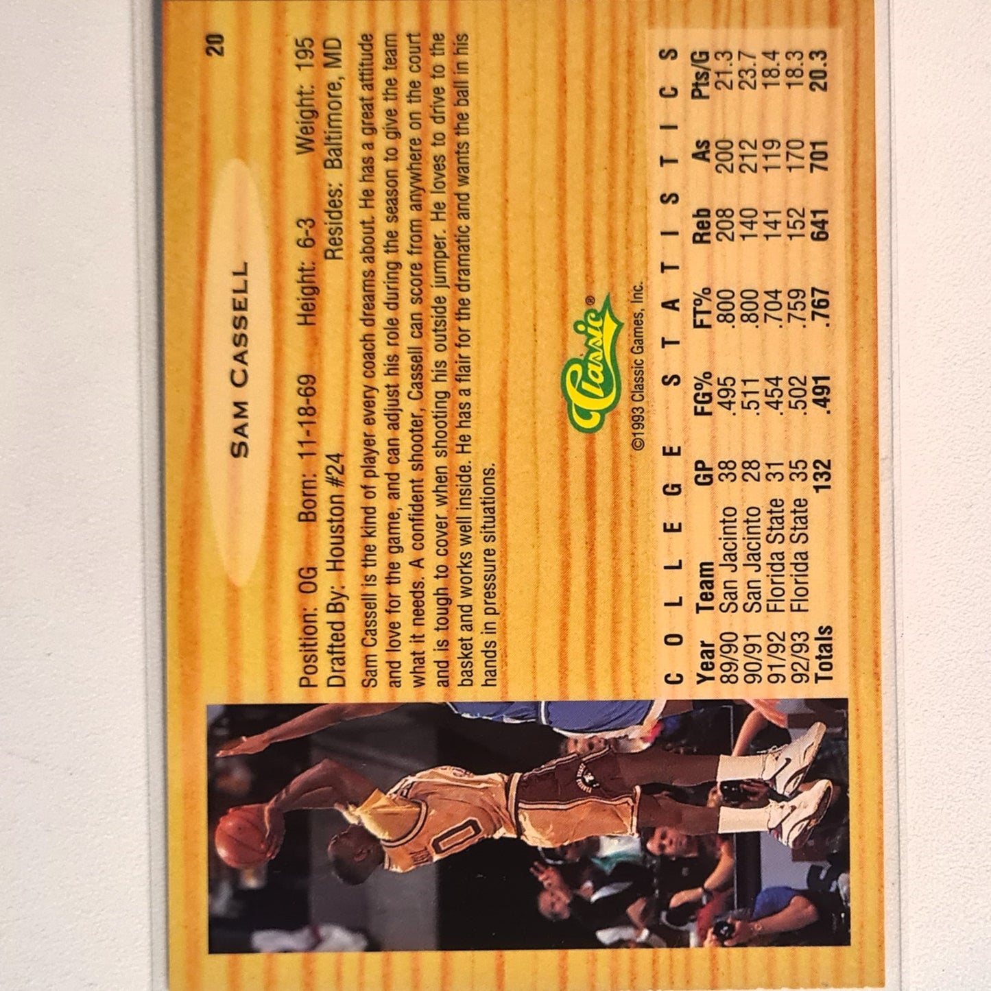 Sam Cassell 1993 Classic Draft Picks Rookie RC #20 NBA Basketball Florida State Excellent/mint Sleeved
