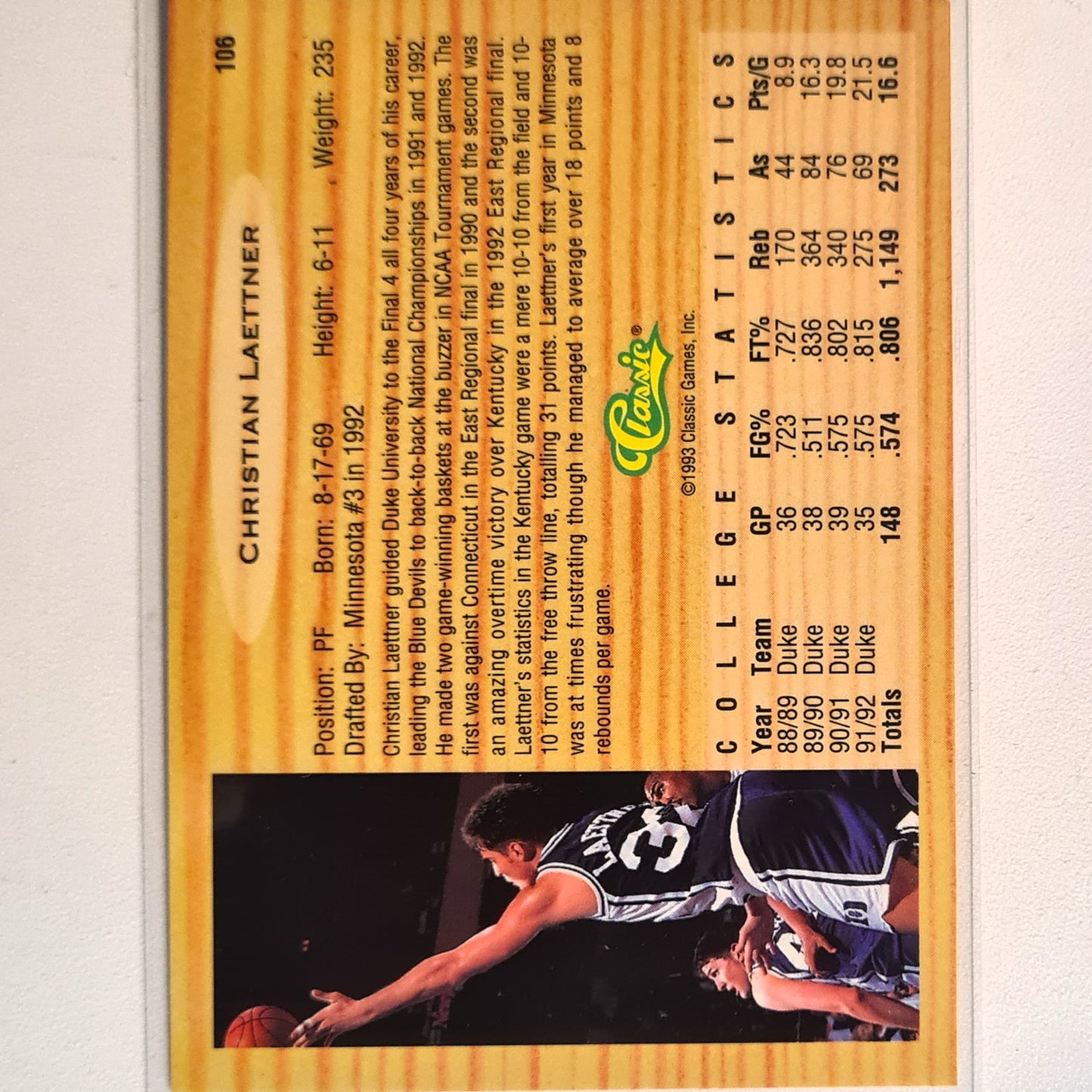 Christian Laettner 1993 Classic Draft Picks Rookie RC #106 NBA Basketball Duke Excellent/mint Sleeved