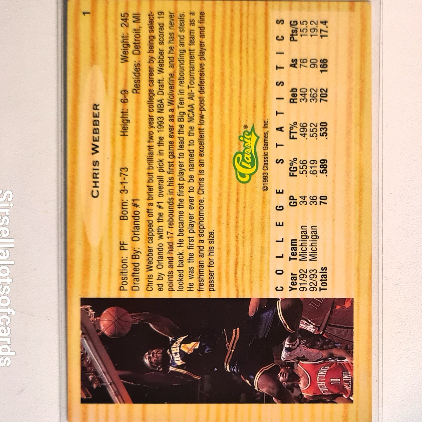 Chris Webber 1993 Classic Draft Picks Rookie RC #1 NBA Basketball Michigan Excellent/mint Sleeved