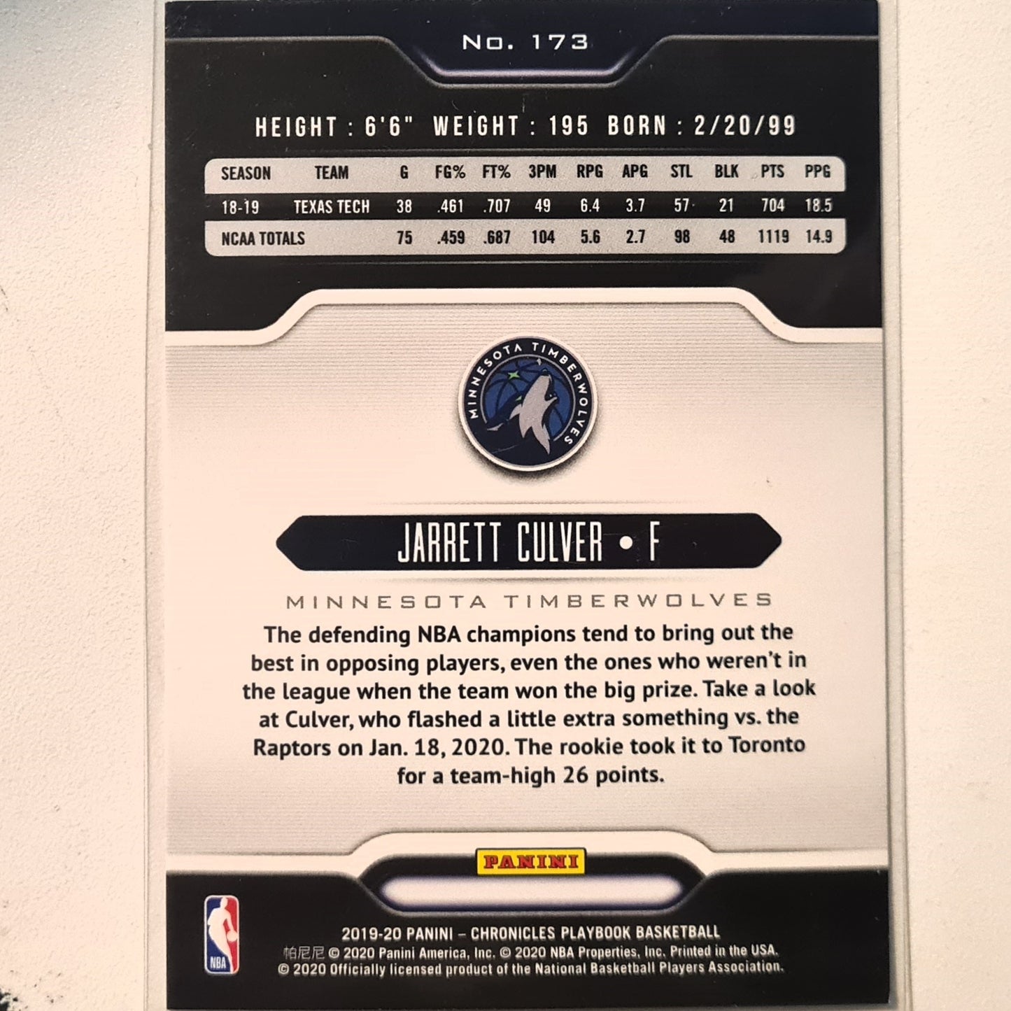 Jarrett Culver 2019-20 Panini Chronicles playbook Rookie RC #173 NBA Basketball Minnesota Timberwolves Excellent/mint Sleeved