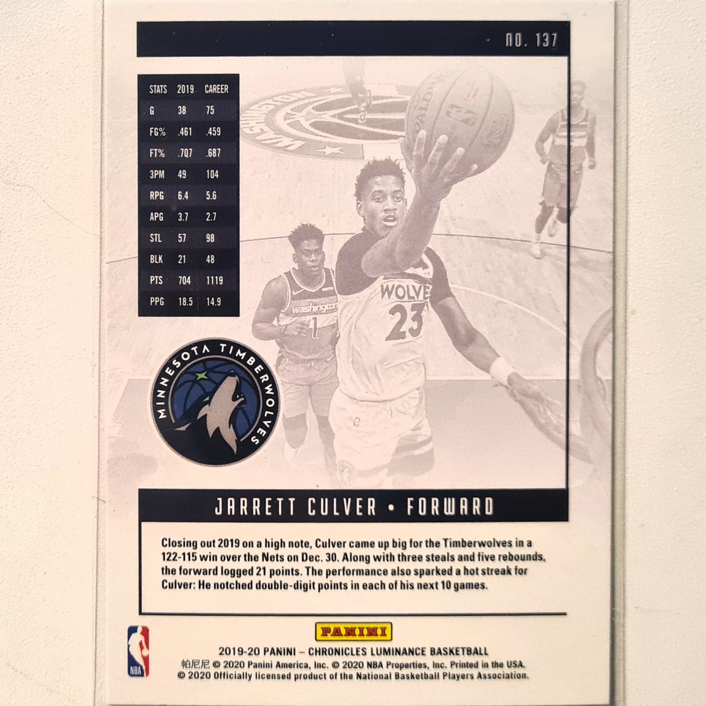 Jarrett Culver 2019-20 Panini Chronicles luminance Rookie RC #137 NBA Basketball Minnesota Timberwolves Excellent/mint Sleeved
