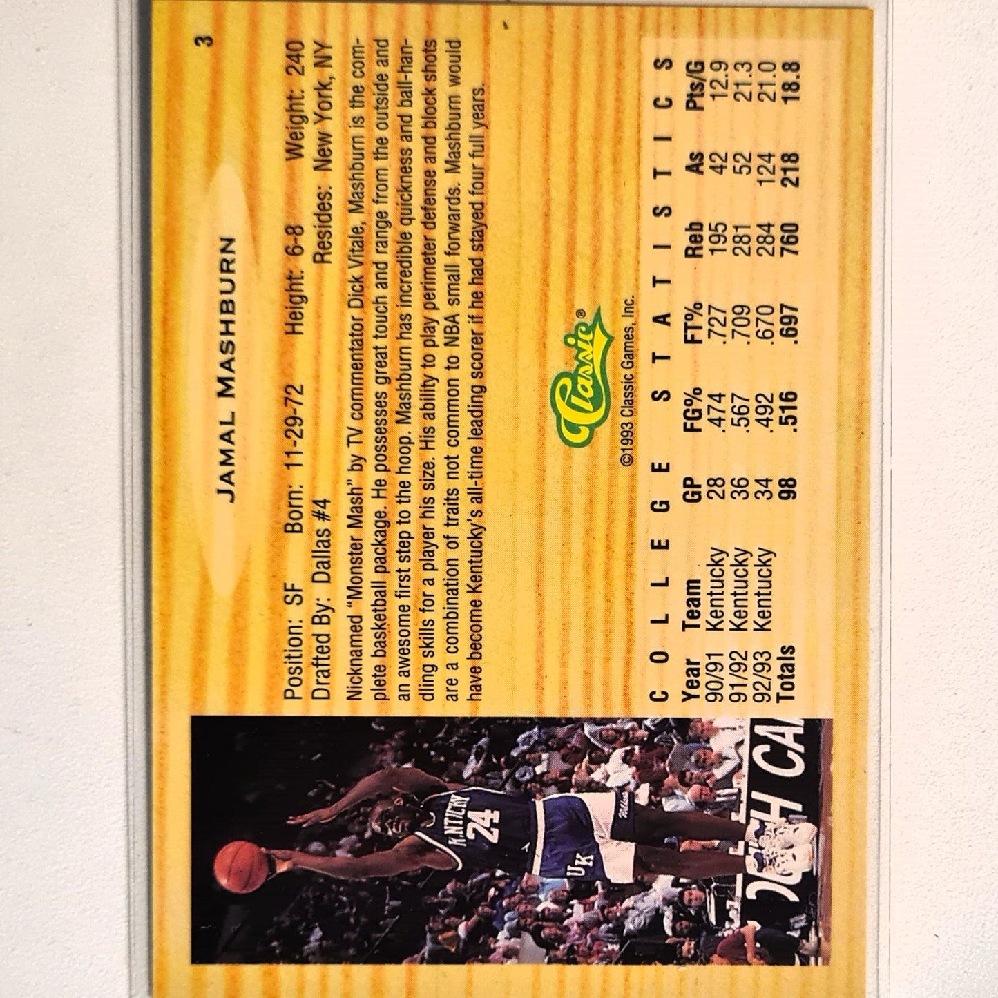 Jamal Mashburn 1993 Classic Draft Picks Rookie RC #3 NBA Basketball Kentucky Excellent/mint Sleeved