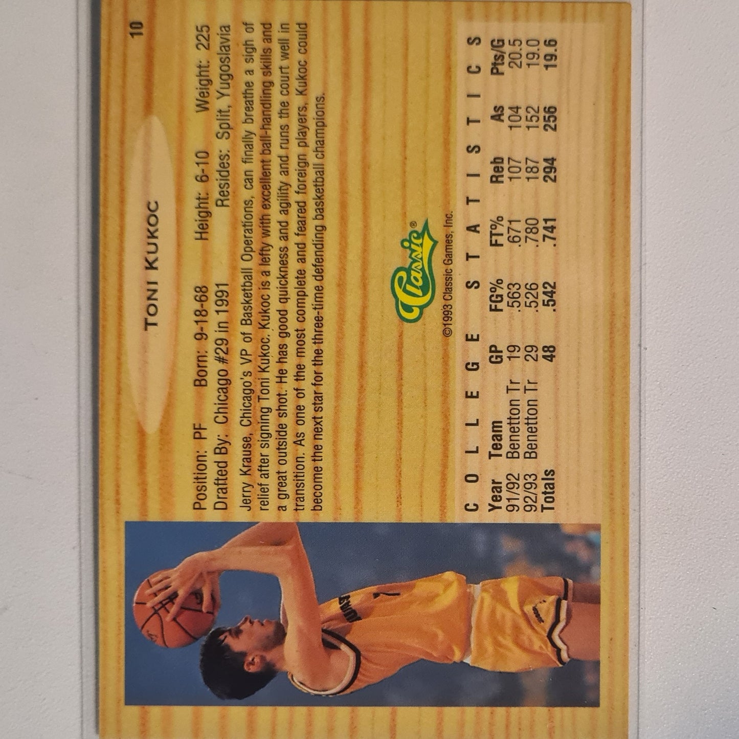 Toni Kukoc 1993 Classic Draft Picks Rookie RC #10 NBA Basketball Benetton/Chicago Bulls Excellent/mint Sleeved