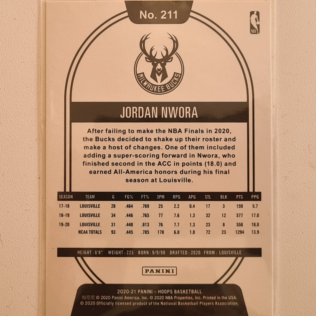Jordan Nwora 2020-21 Panini NBA Hoops Rookie RC winter edition #211 NBA Basketball Milwaukee Bucks excellent sleeved