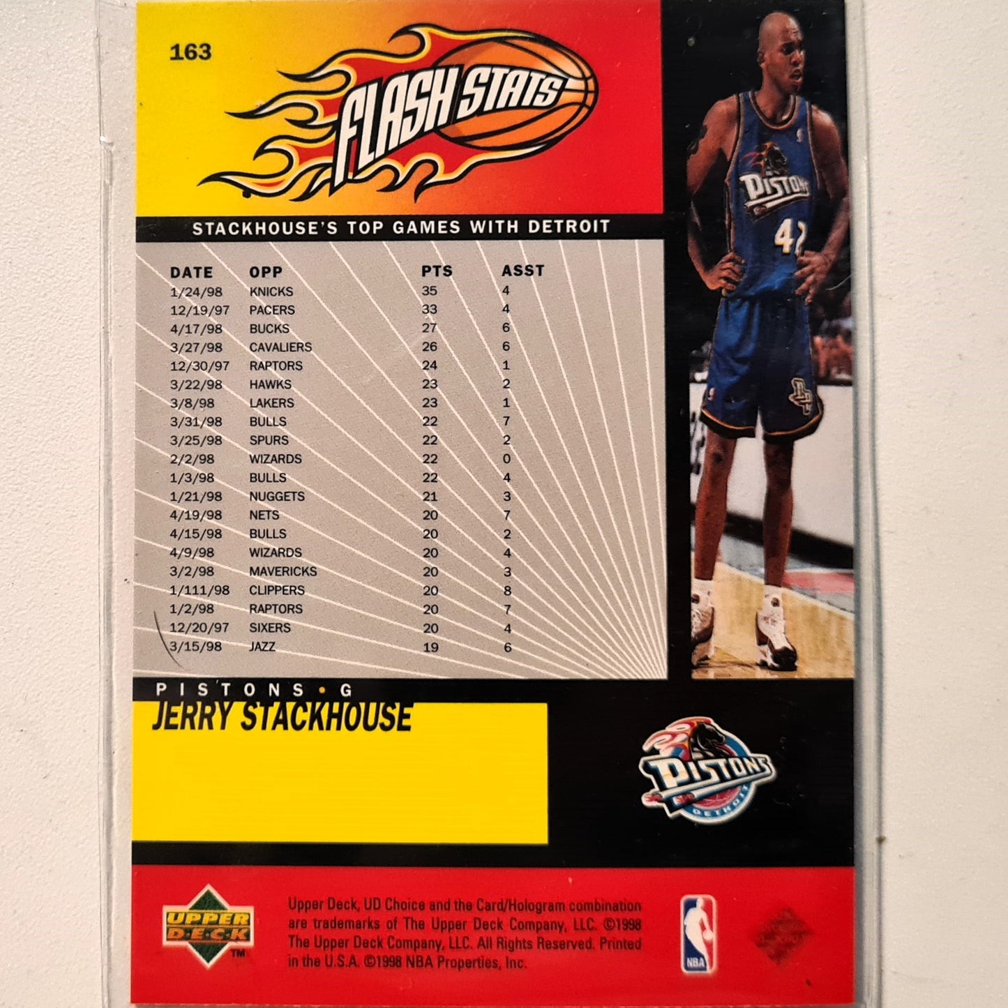 Jerry Stackhouse 1998 Upper-Deck Flash Stats #163 NBA Basketball Detroit Pistons excellent Sleeved