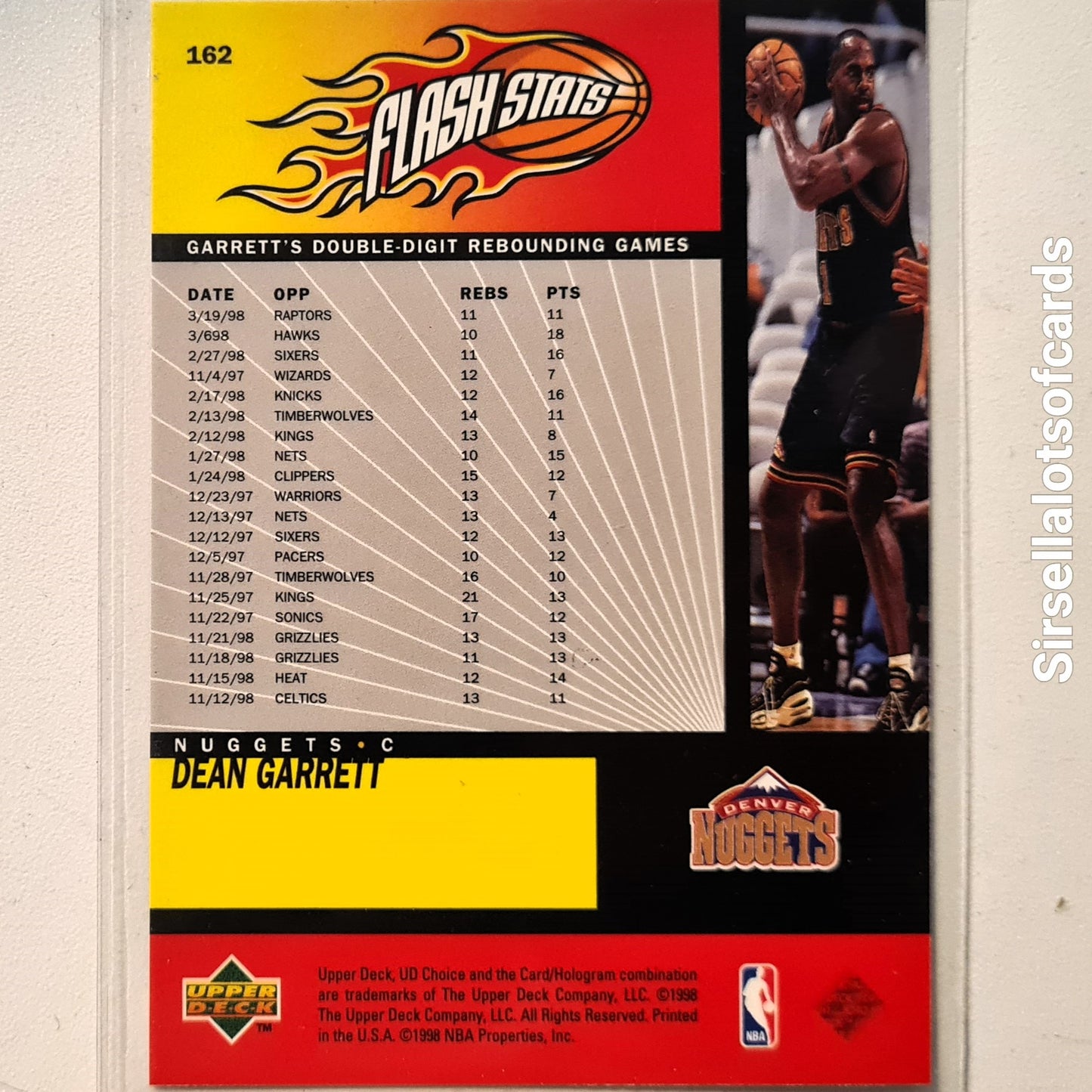 Dean Garrett 1998 Upper-Deck Flash Stats #162 NBA Basketball Denver Nuggets excellent Sleeved