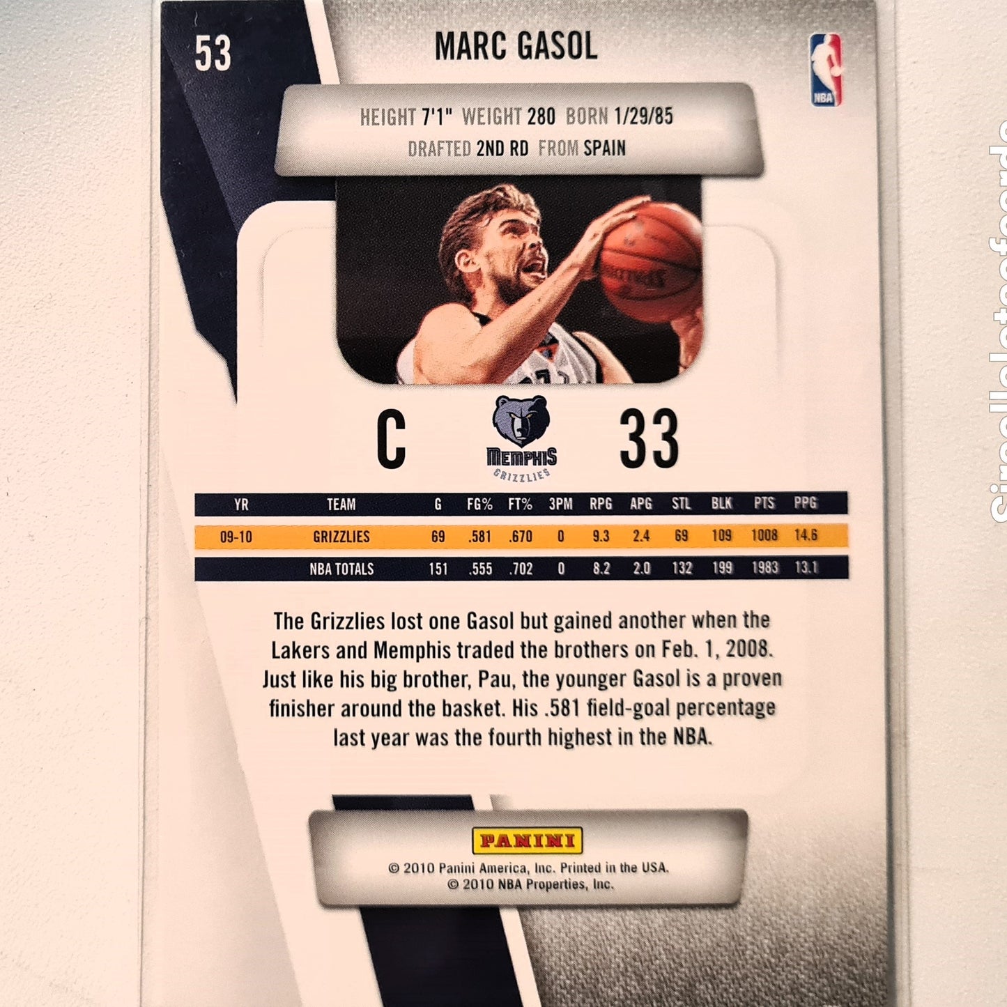 Marc Gasol 2010-11 Panini Prestige #53 NBA Basketball Memphis Grizzlies Excellent Sleeved