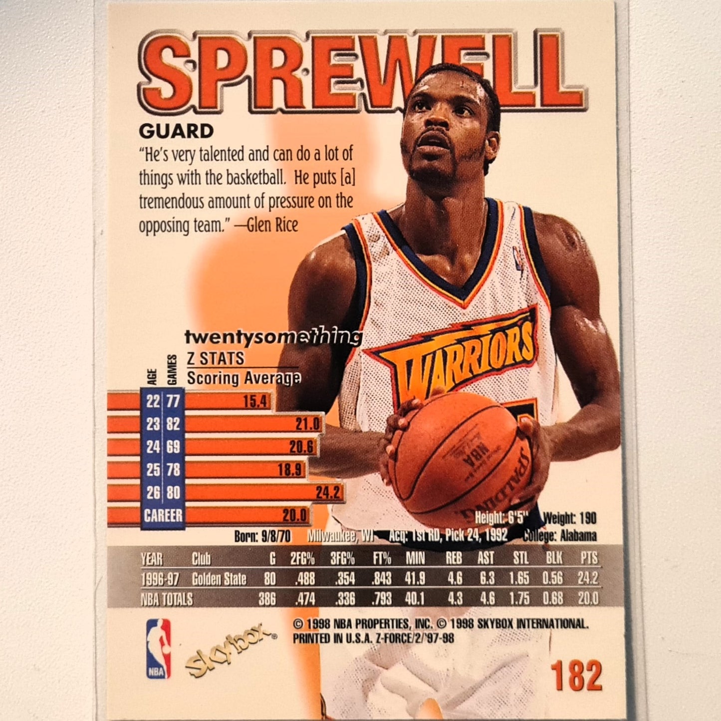 Lattrell Sprewell 1998 Skybox Z-Force #182 NBA Basketball Golden State Warriors Excellent sleeved