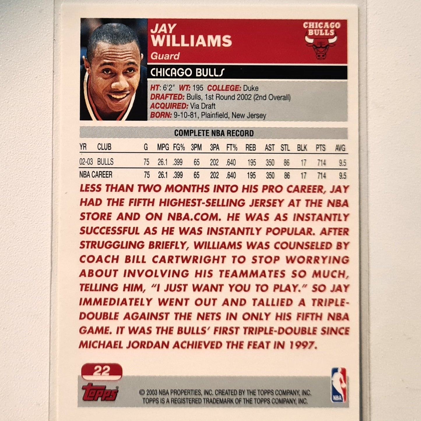 Jay Williams 2003 Topps #22 NBA Basketball Chicago Bulls Excellent sleeved