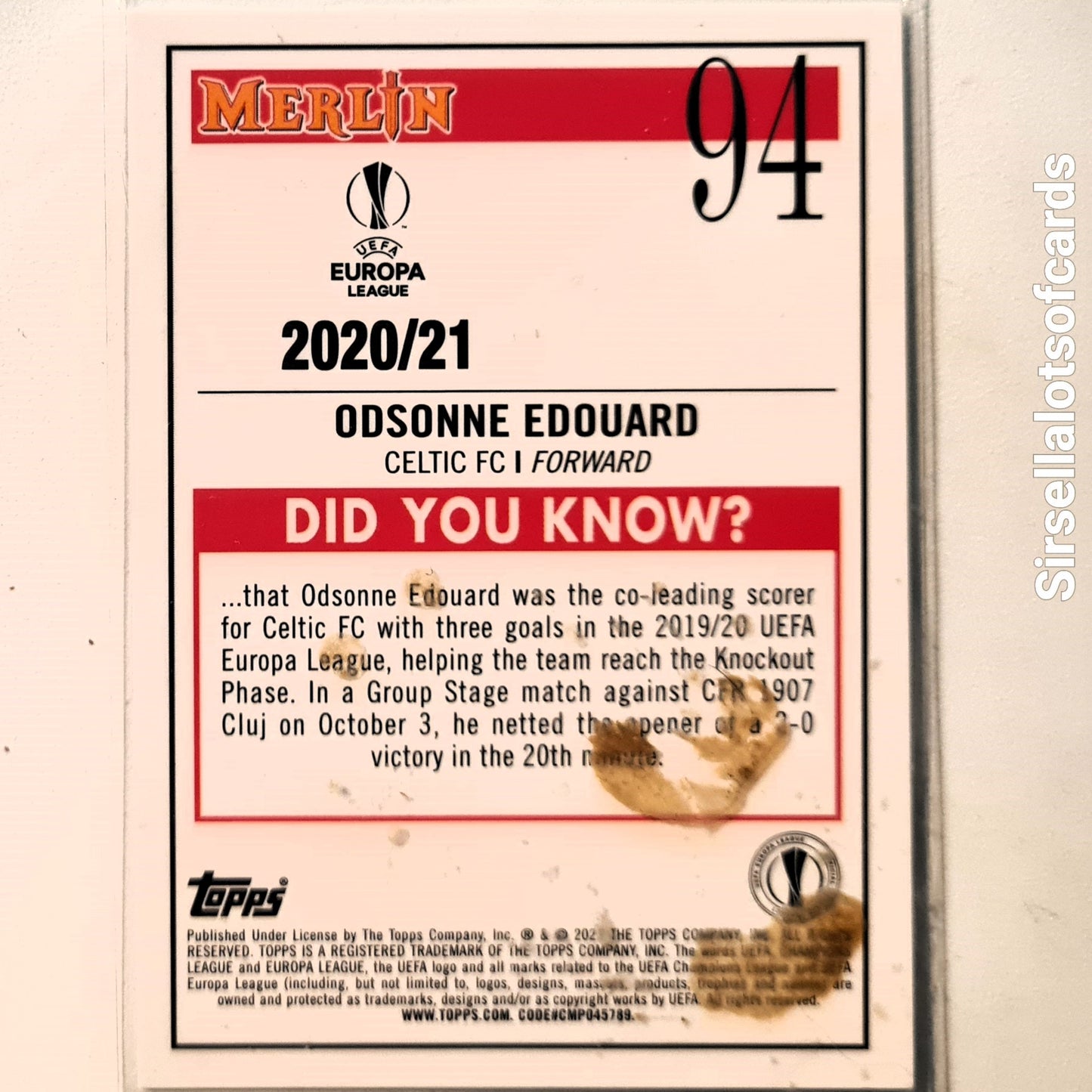 Odsonne Edouard 2021 Topps Merlin Europa League Rookie RC Soccer Football Celtic Excellent/mint sleeved