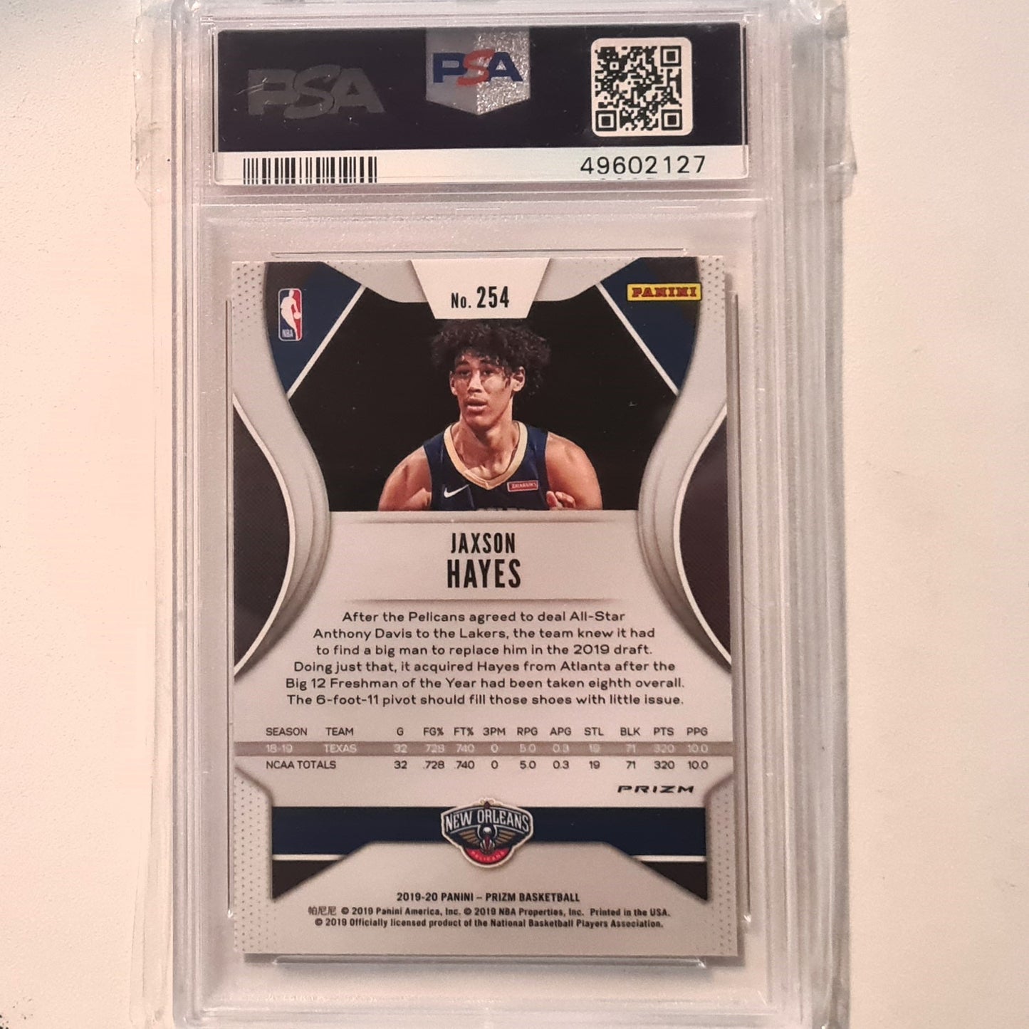 Jaxson Hayes 2019-20 Panini Prizm Red White Blue Rookie RC #189 NBA Basketball New Orleans Pelicans PSA 9 mint Graded Slab