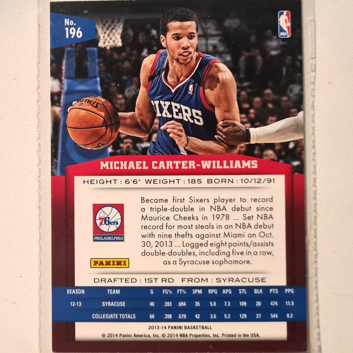 Michael Carter Williams 2013-14 Panini Rookie RC #196 NBA Basketball Philadelphia 76ers very good Sleeved