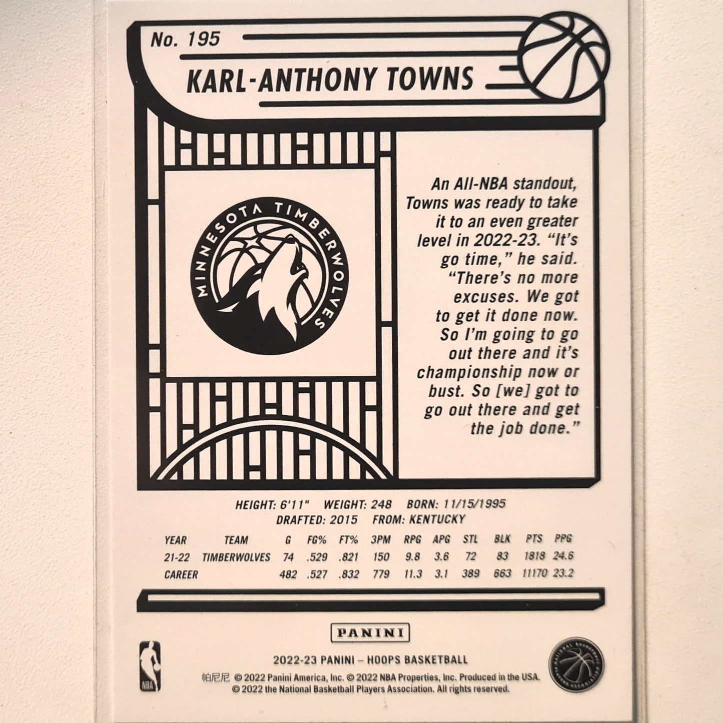 Karl-Anthony Towns 2022-23 Panini NBA Hoops #195 NBA Basketball Minnesota Timberwolves Excellent Sleeved