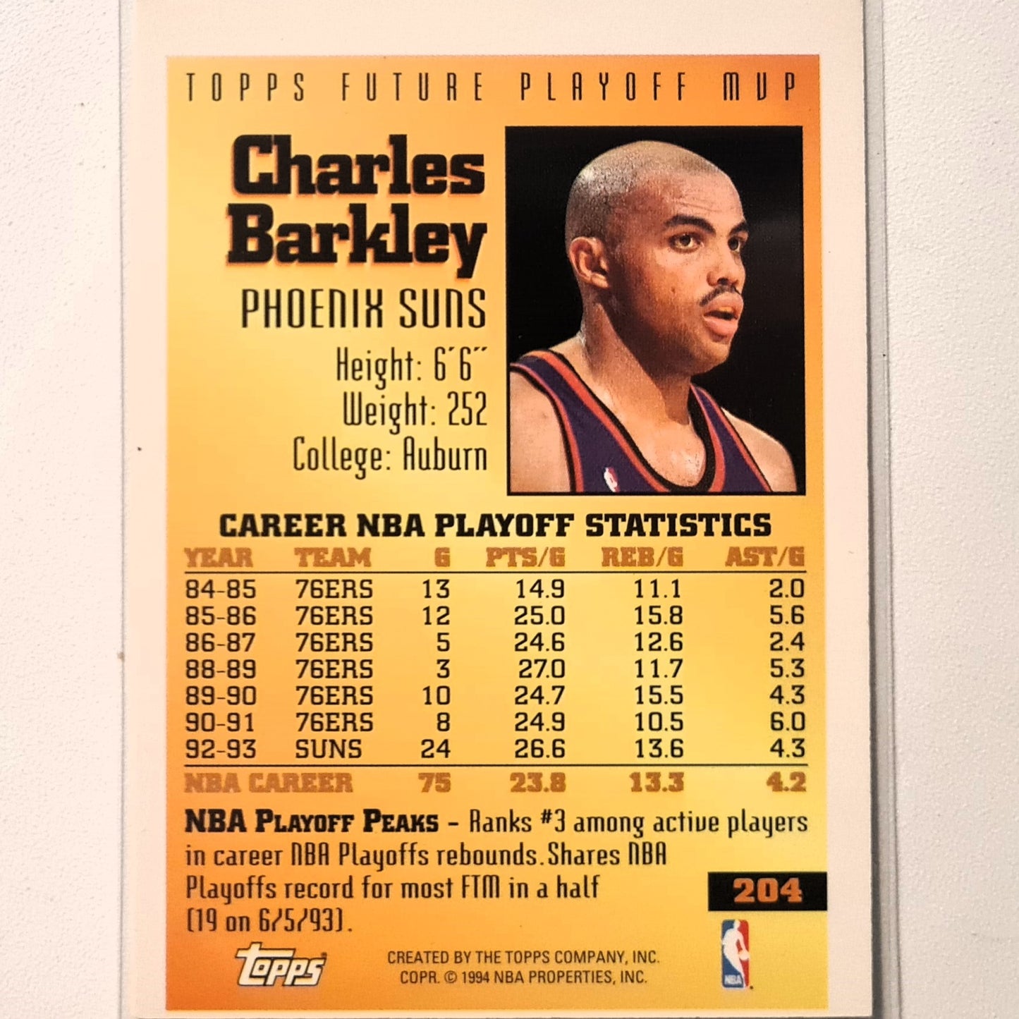 Charles Barkley 1994 Topps future playoff MVP #204 NBA Basketball Phoenix Suns Excellent sleeved