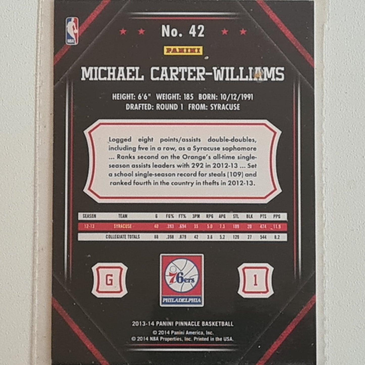 Michael Carter-Williams 2013-14 Panini Pinnacle Rookie RC #42 NBA Philadelphia 76ers very good sleeved