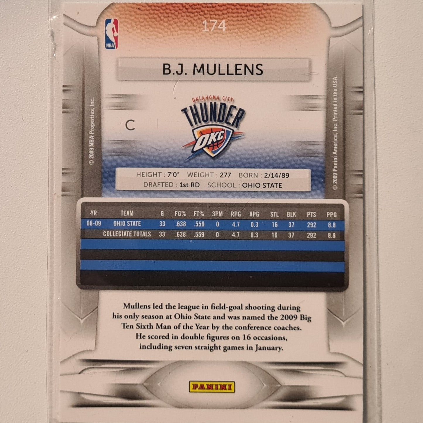 BJ Mullins 2009 Panini Prestige #174 NBA Basketball Oklahoma city thunder Excellent sleeved