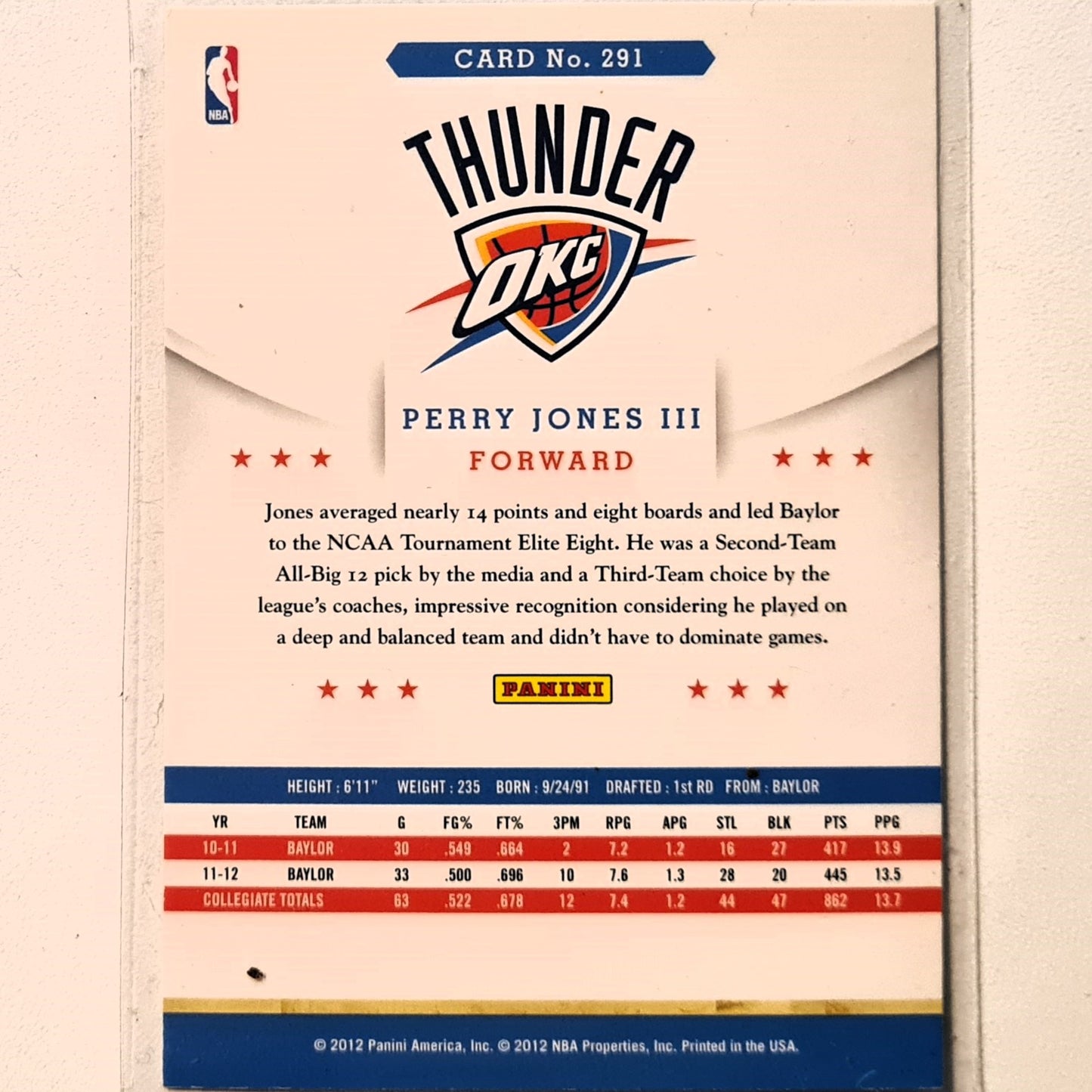Perry Jones III 2012 Panini NBA Hoops Rookie RC #291 NBA Basketball Oklahoma city thunder Excellent sleeved