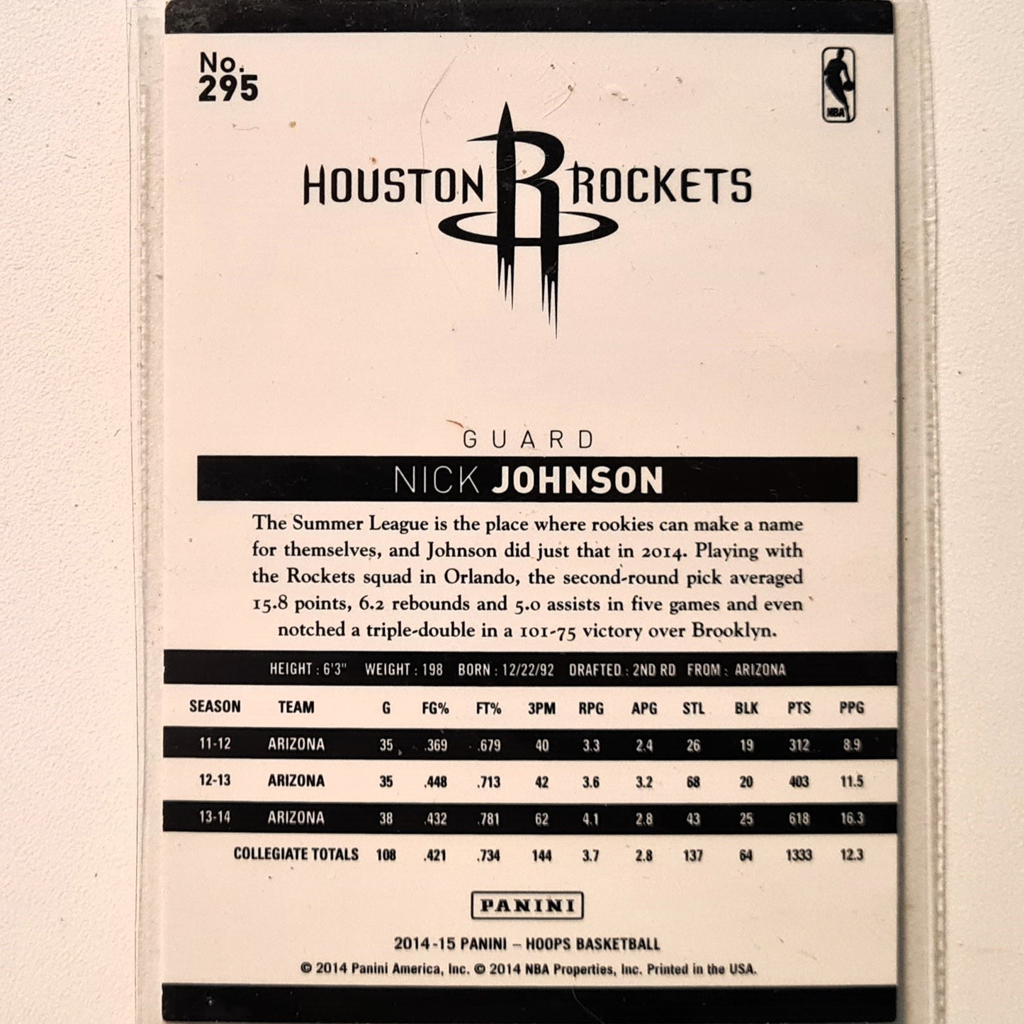 Nick Johnson 2014-15 Panini NBA Hoops Rookie RC #295 NBA Basketball Houston Rockets Excellent sleeved