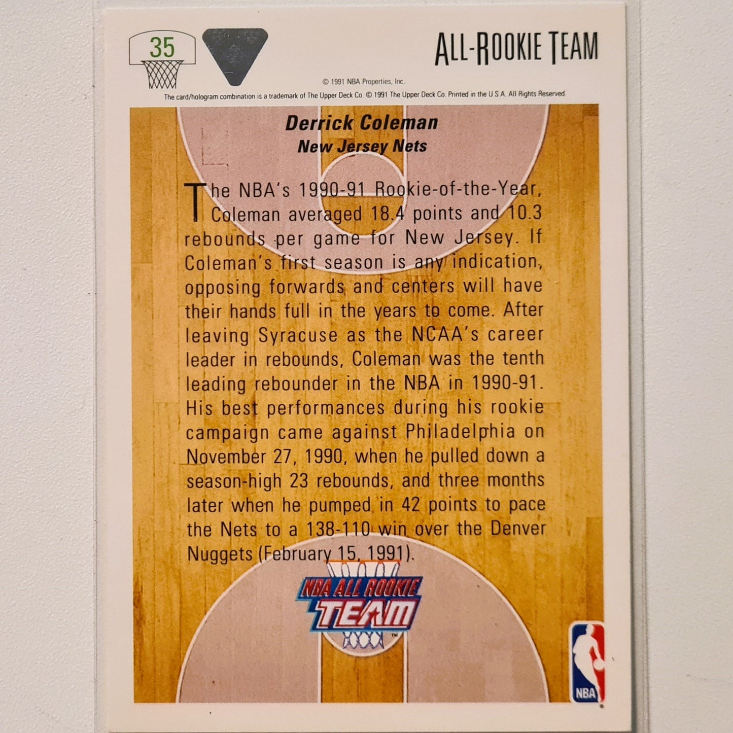 Derrick Coleman 1991 Upper-Deck all rookie team #35 NBA Basketball New Jersey Nets excellent sleeved