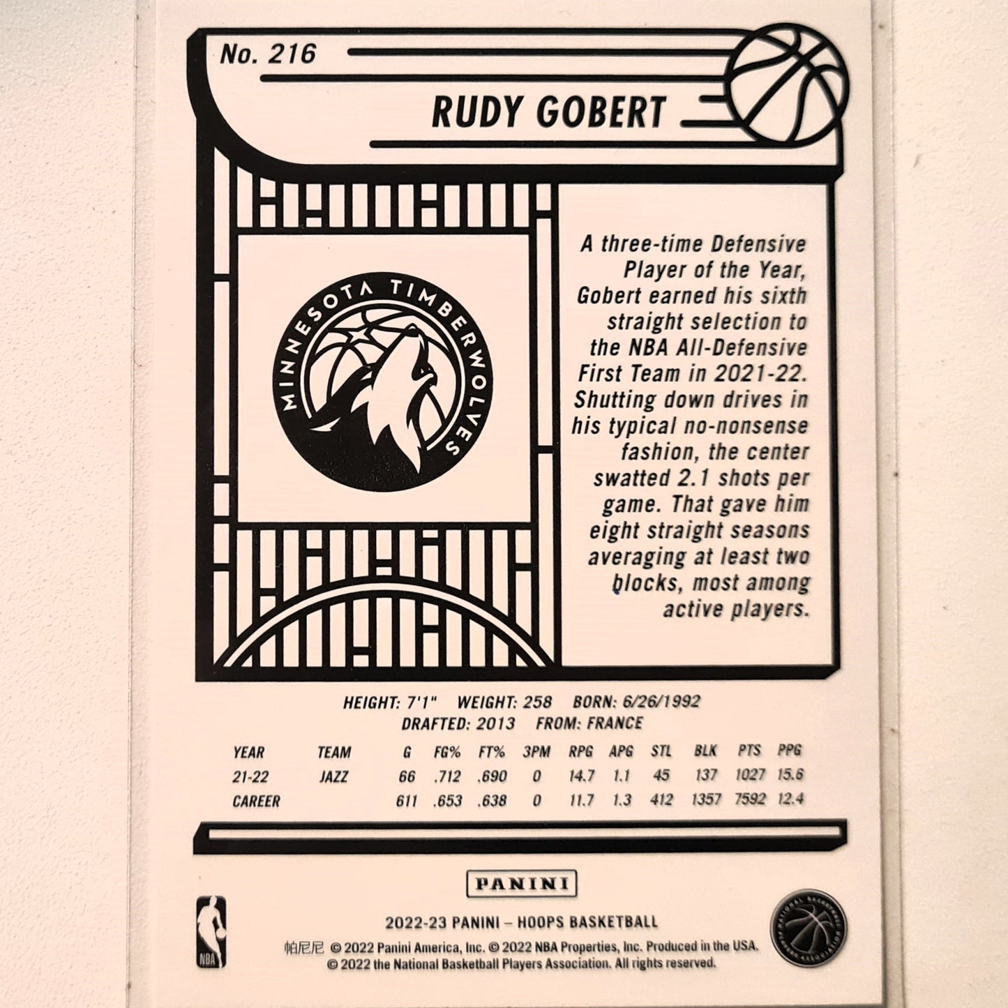 Rudy Gobert 2022-23 Upper-Deck #216 NBA Basketball Minnesota Timberwolves Excellent sleeved