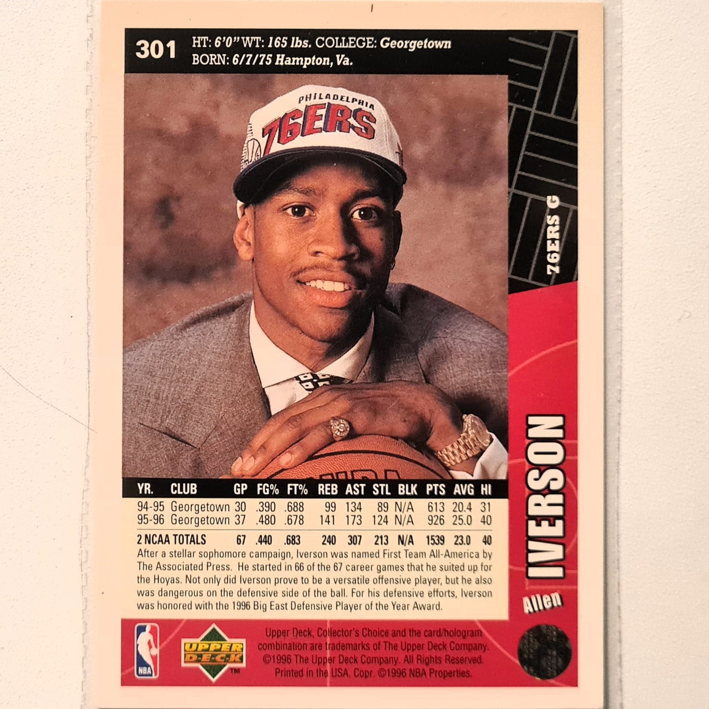 Allen Iverson 1996 Upper-Deck RC Rookie #301 NBA Basketball good/very good sleeved