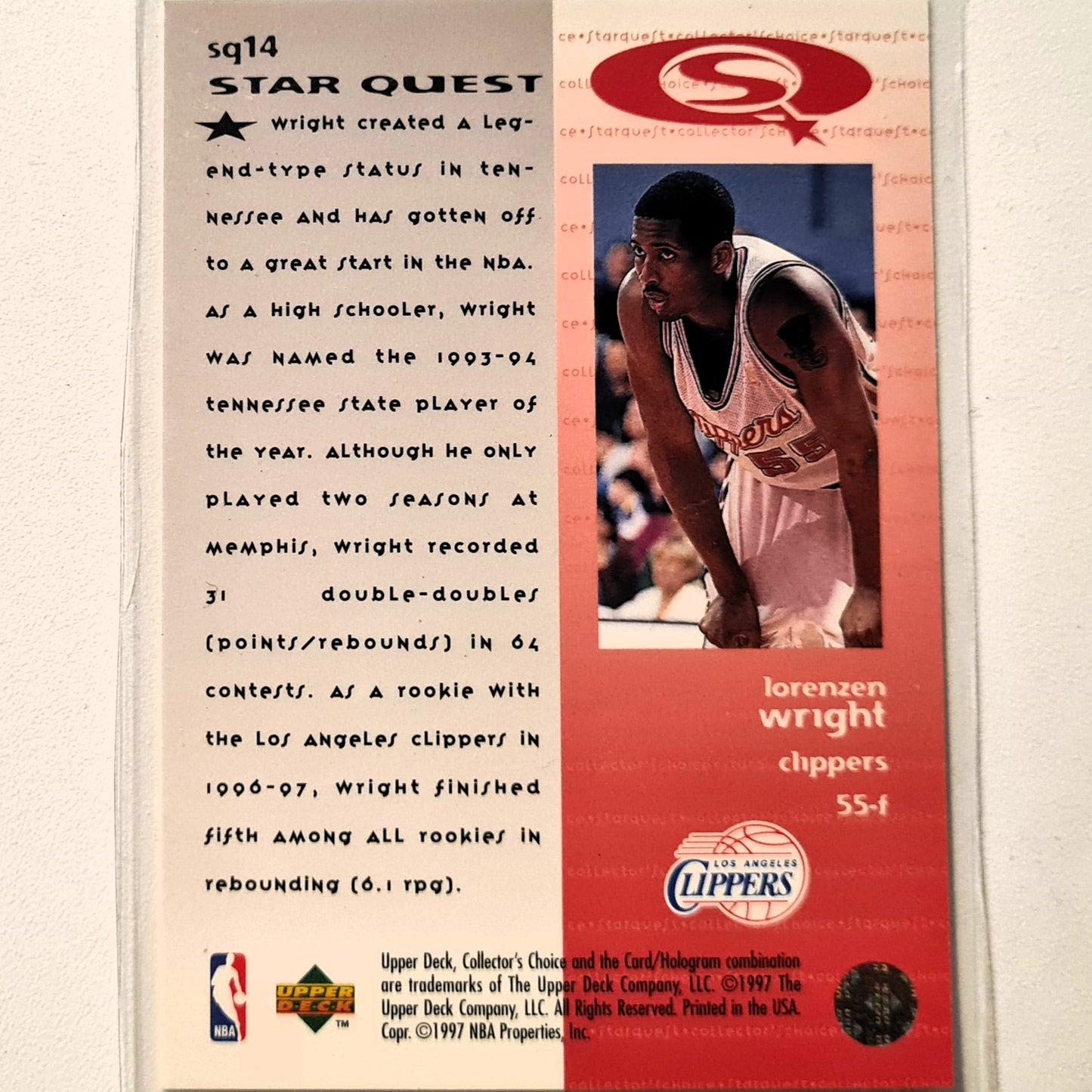 Lorenzen Wright 1997 Upper-Deck Star Quest SQ14 NBA Basketball Los Angeles Clippers Excellent Sleeved